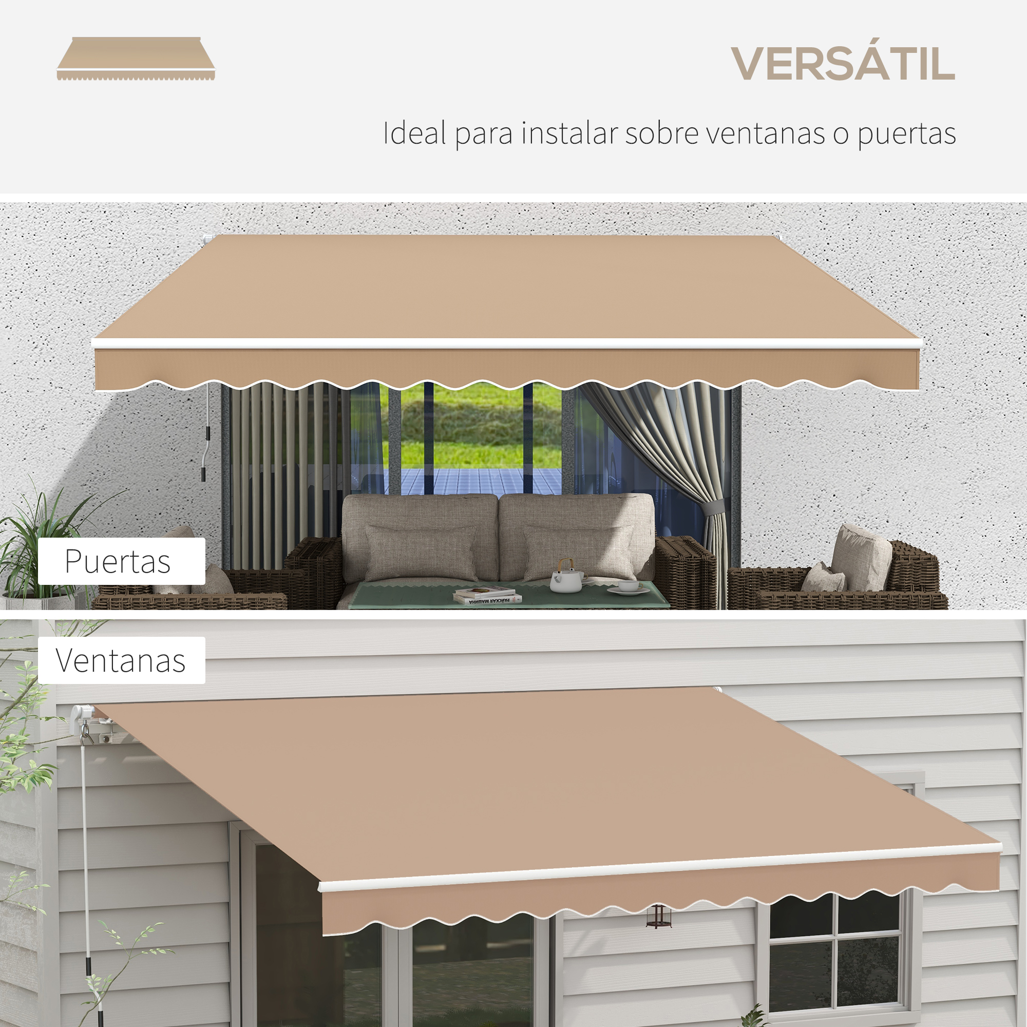 Toldo beige instalado sobre una ventana y puerta. El toldo tiene un borde festoneado blanco. El fondo es una casa y un jardín.