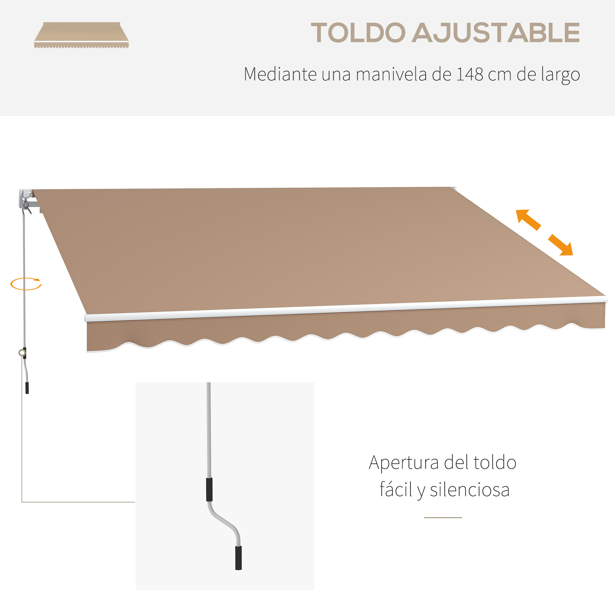 Toldo ajustable beige con manivela. Texto: toldo ajustable, apertura fácil y silenciosa.