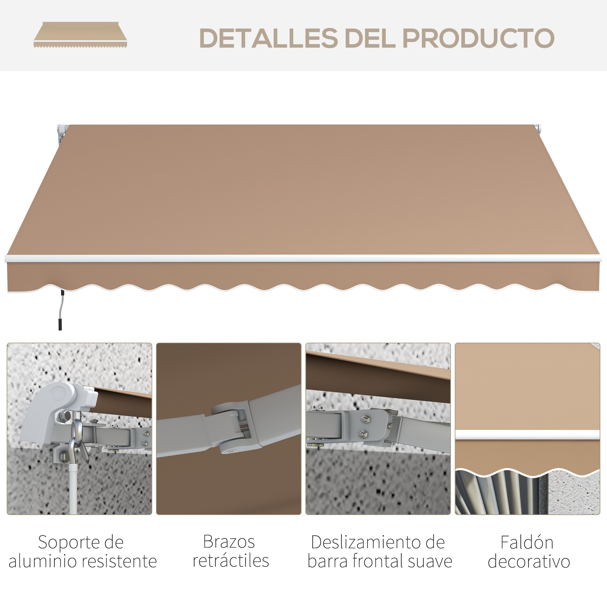 Toldo retráctil beige con borde blanco. Detalles: soporte aluminio, brazos retráctiles y cenefa decorativa.