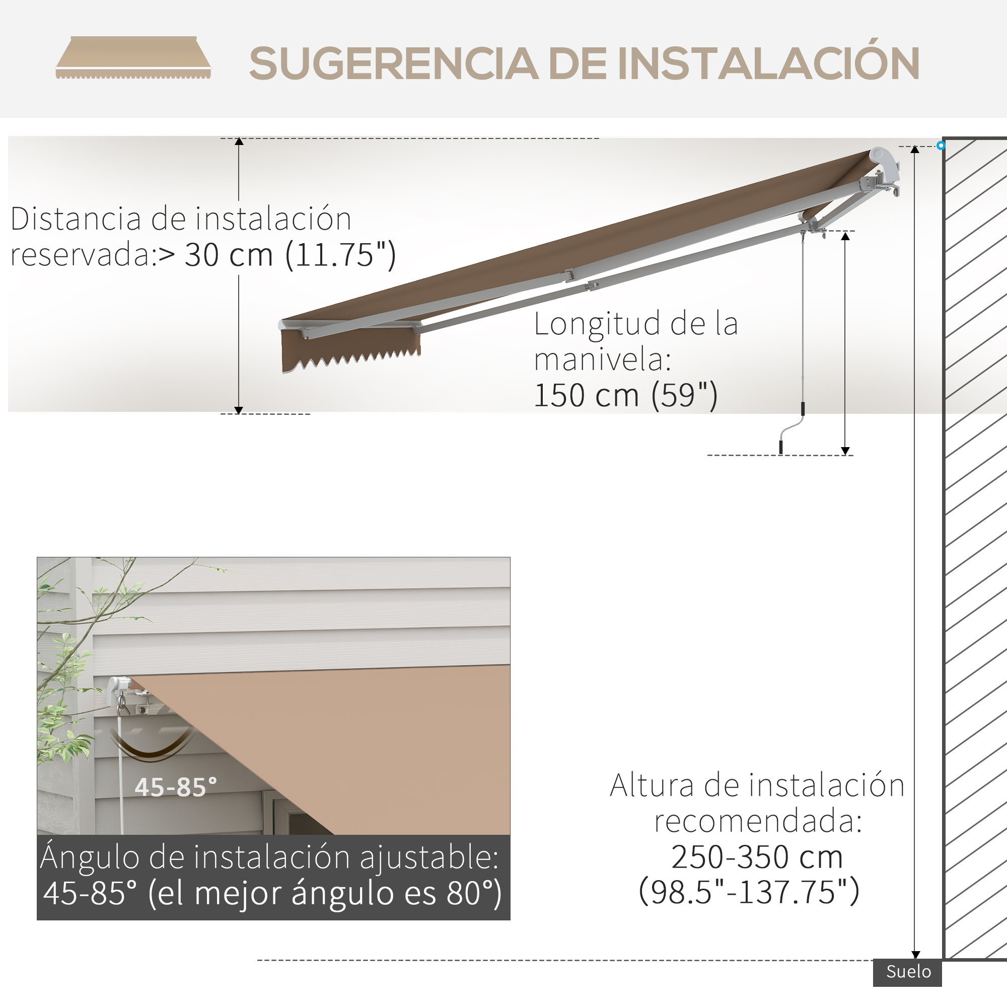 Diagrama de instalación de un toldo marrón con medidas y detalles de ángulo. Incluye una vista detallada del toldo.
