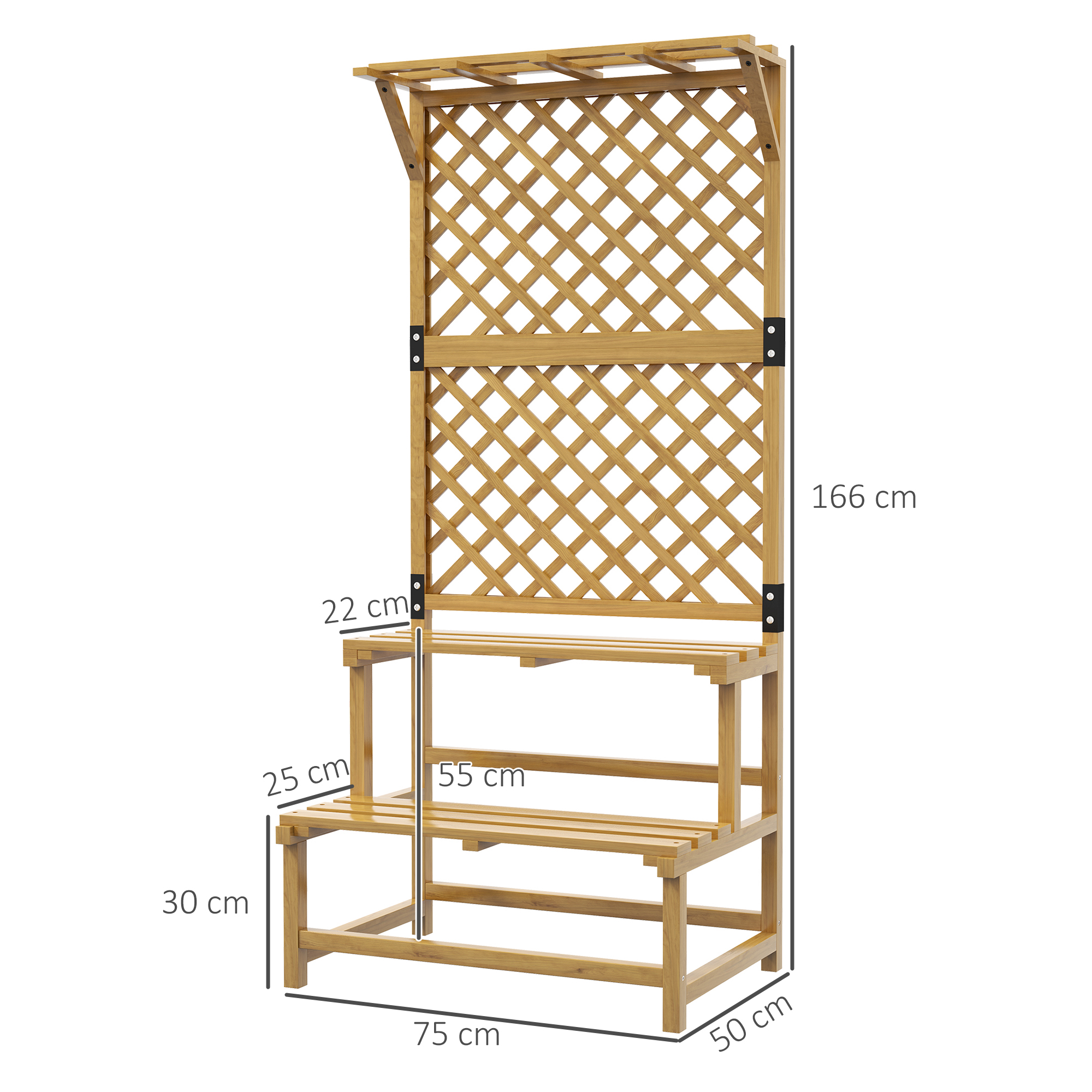Panca da giardino in legno con traliccio, misura 166 cm di altezza, 75 cm di larghezza e 50 cm di profondità. Ha due ripiani.