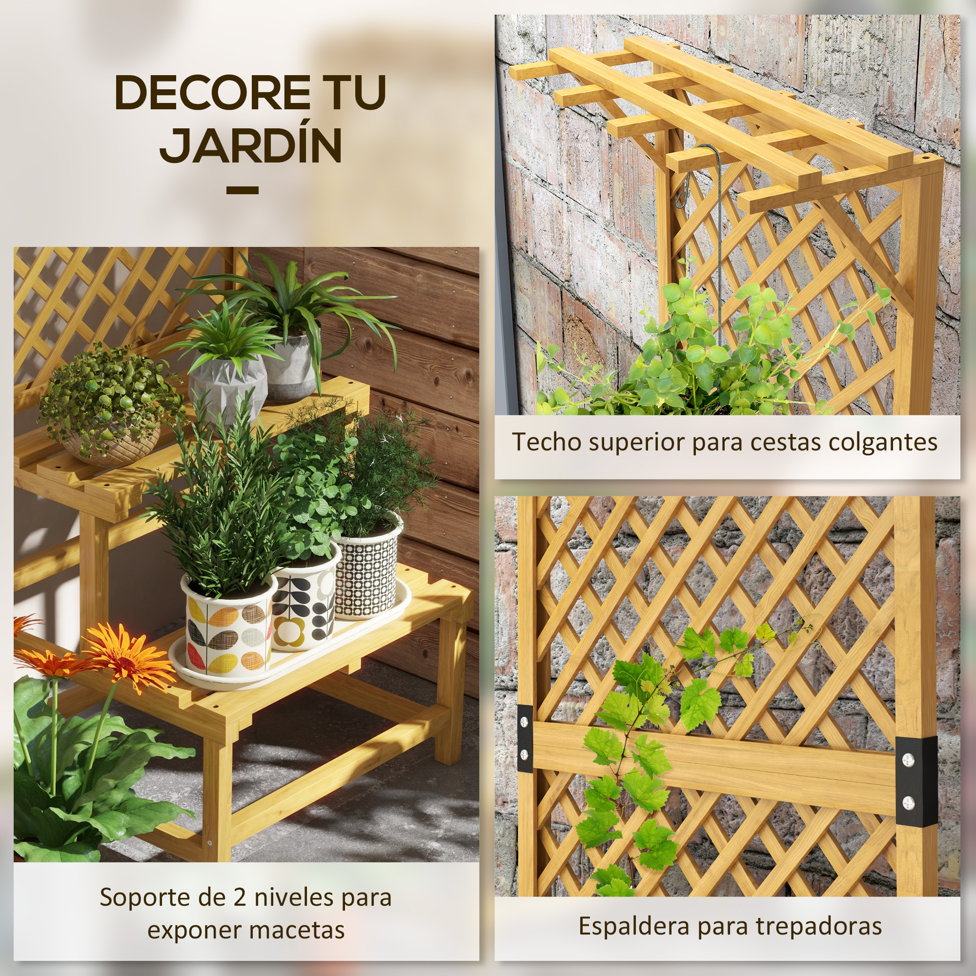 Decoración de jardín de madera con plantas en un soporte, enrejado y soporte para cestas colgantes. La imagen está dividida.