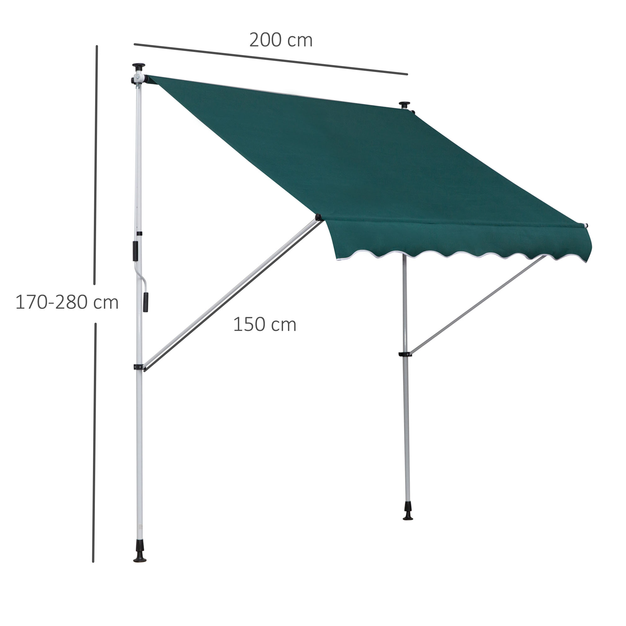 Una tenda da sole verde con pali bianchi. Dimensioni: 200 cm di larghezza, 150 cm di braccio e 170-280 cm di altezza.