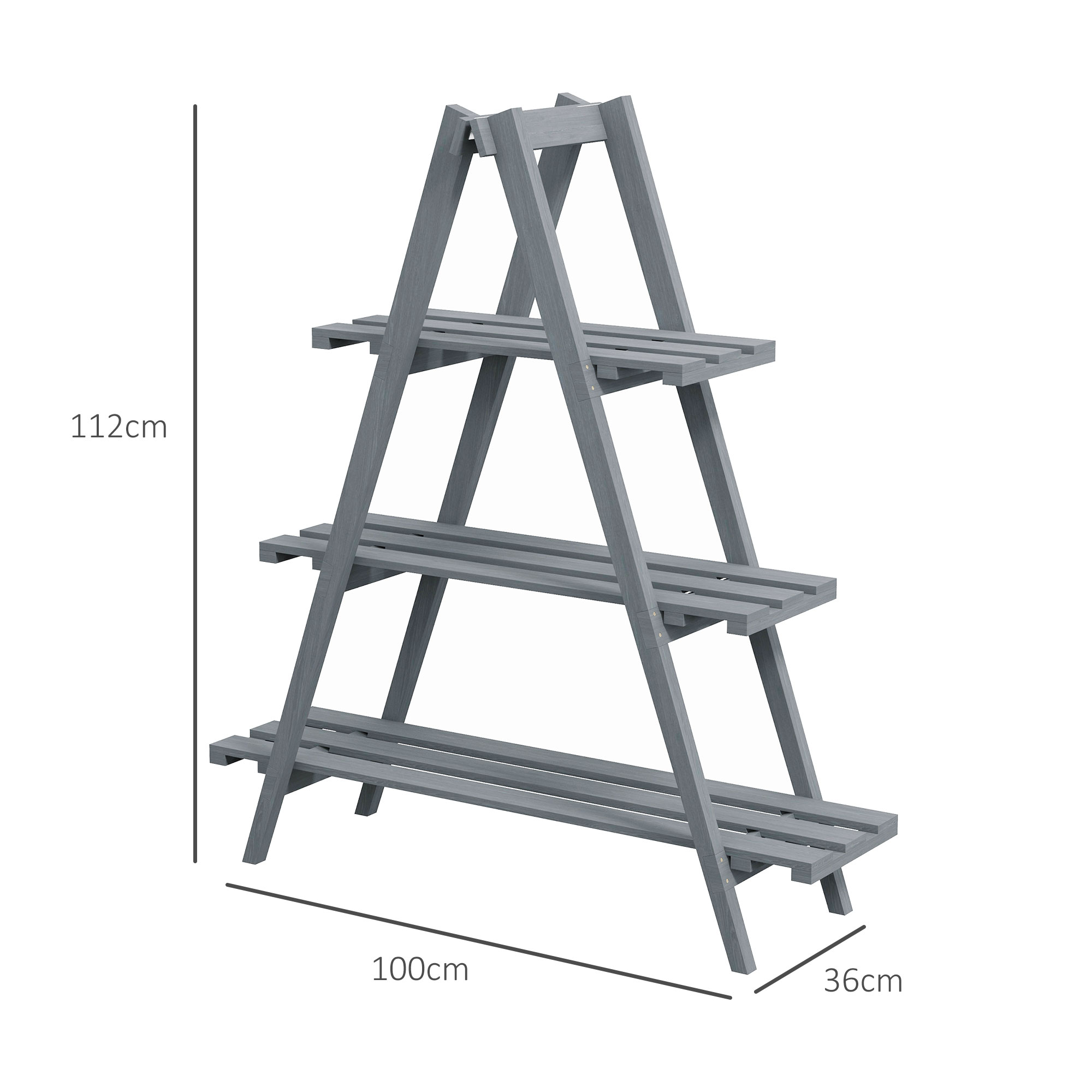 Un soporte para plantas de madera gris con tres estantes. Dimensiones: 100 cm de ancho, 36 cm de profundidad y 112 cm de alto.