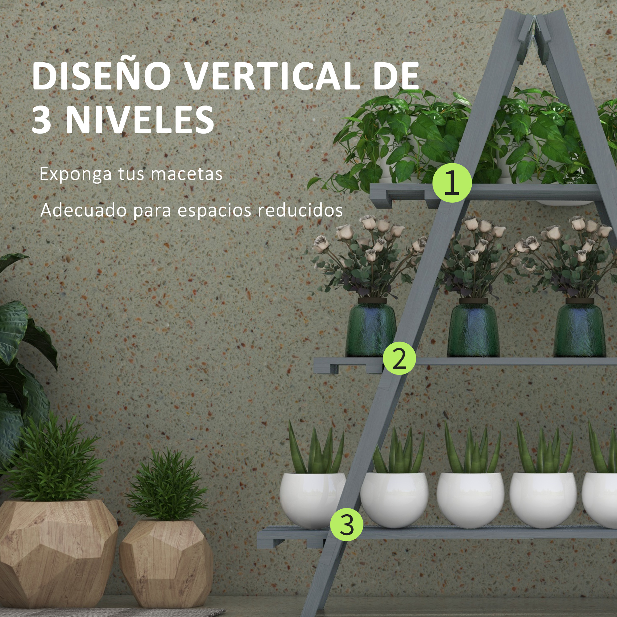 Un estante para plantas gris de 3 niveles exhibe plantas en macetas. El fondo tiene texto y una pared texturizada.