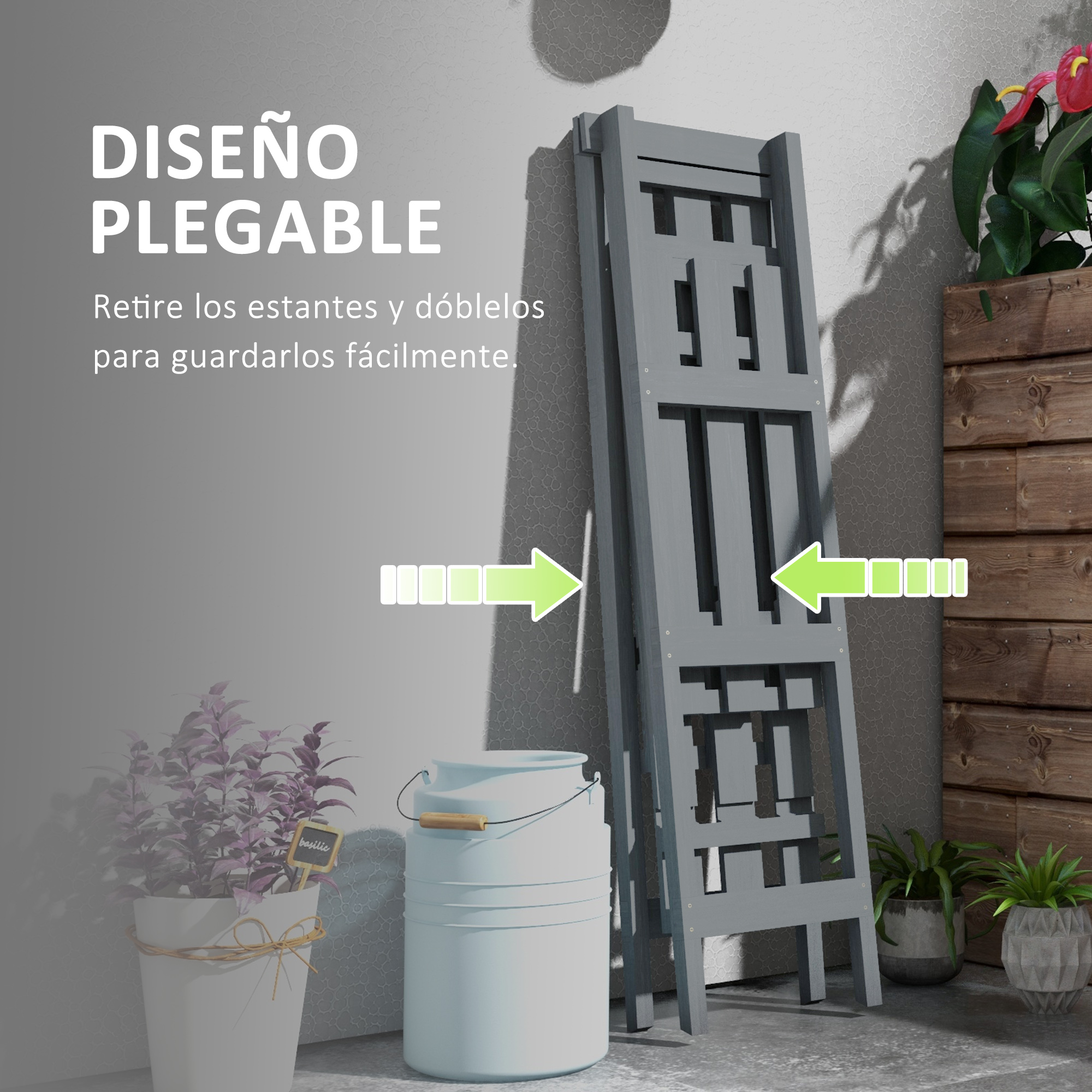 Escalera gris plegable con texto 'DISEÑO PLEGABLE'. Flechas apuntan a la escalera. Plantas y una lechera están en la escena.