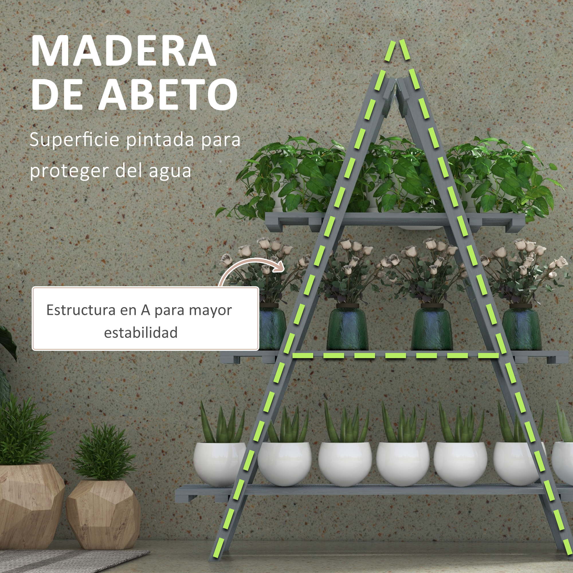 Un estante para plantas en forma de A con plantas en los estantes. Incluye texto en español sobre la madera y la protección contra el agua. Fondo con una pared moteada.