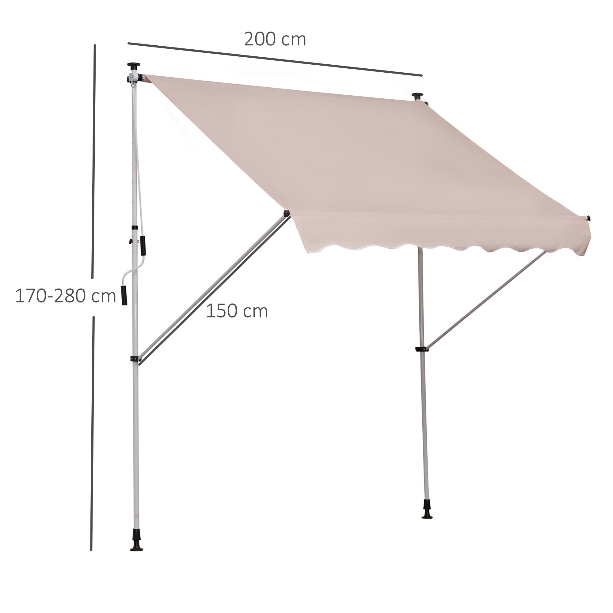 Un toldo beige, de 200 cm de ancho, sostenido por dos postes y soportes angulados. Se muestran medidas.