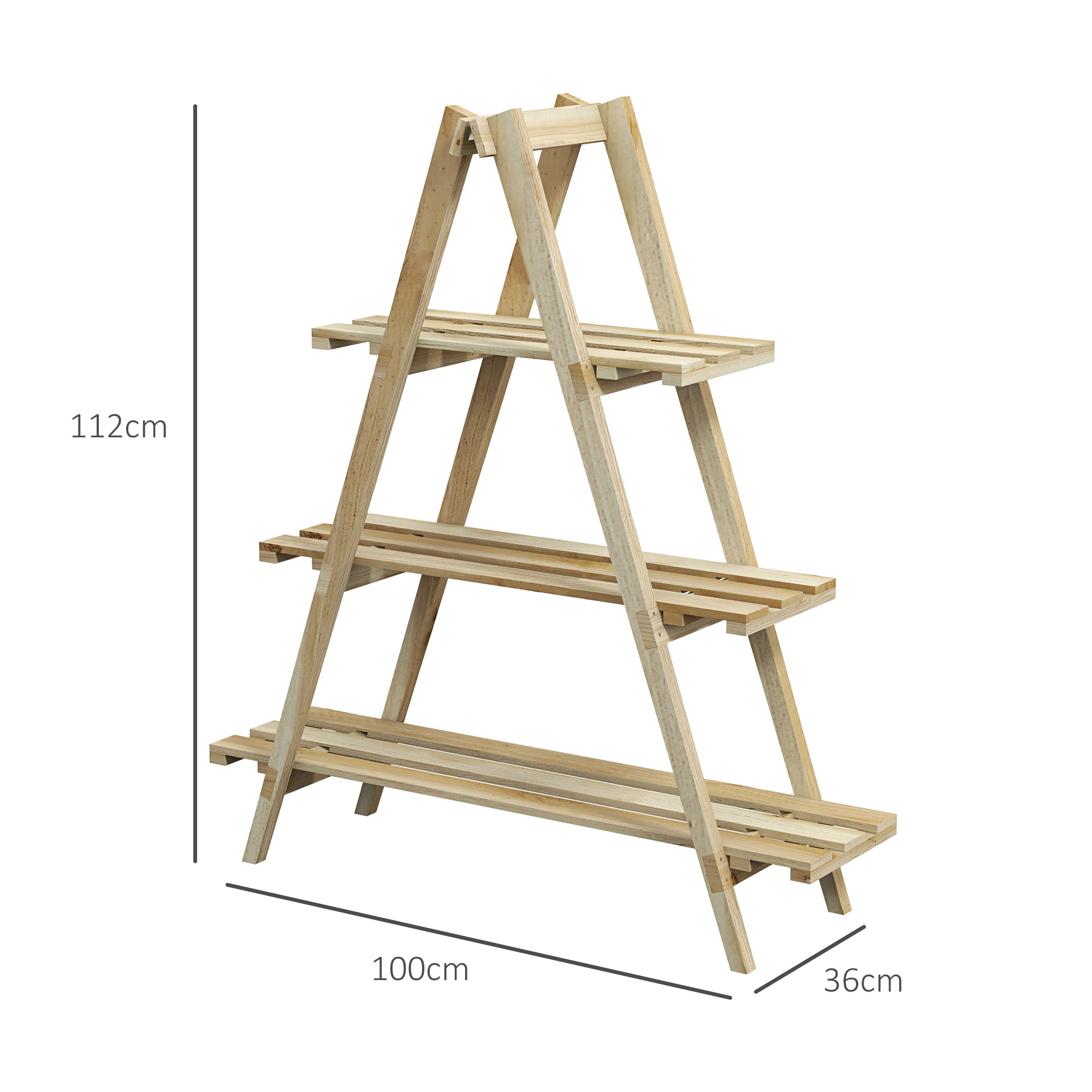Un supporto in legno per piante con tre ripiani. È alto 112 cm, lungo 100 cm e largo 36 cm. Sfondo bianco.