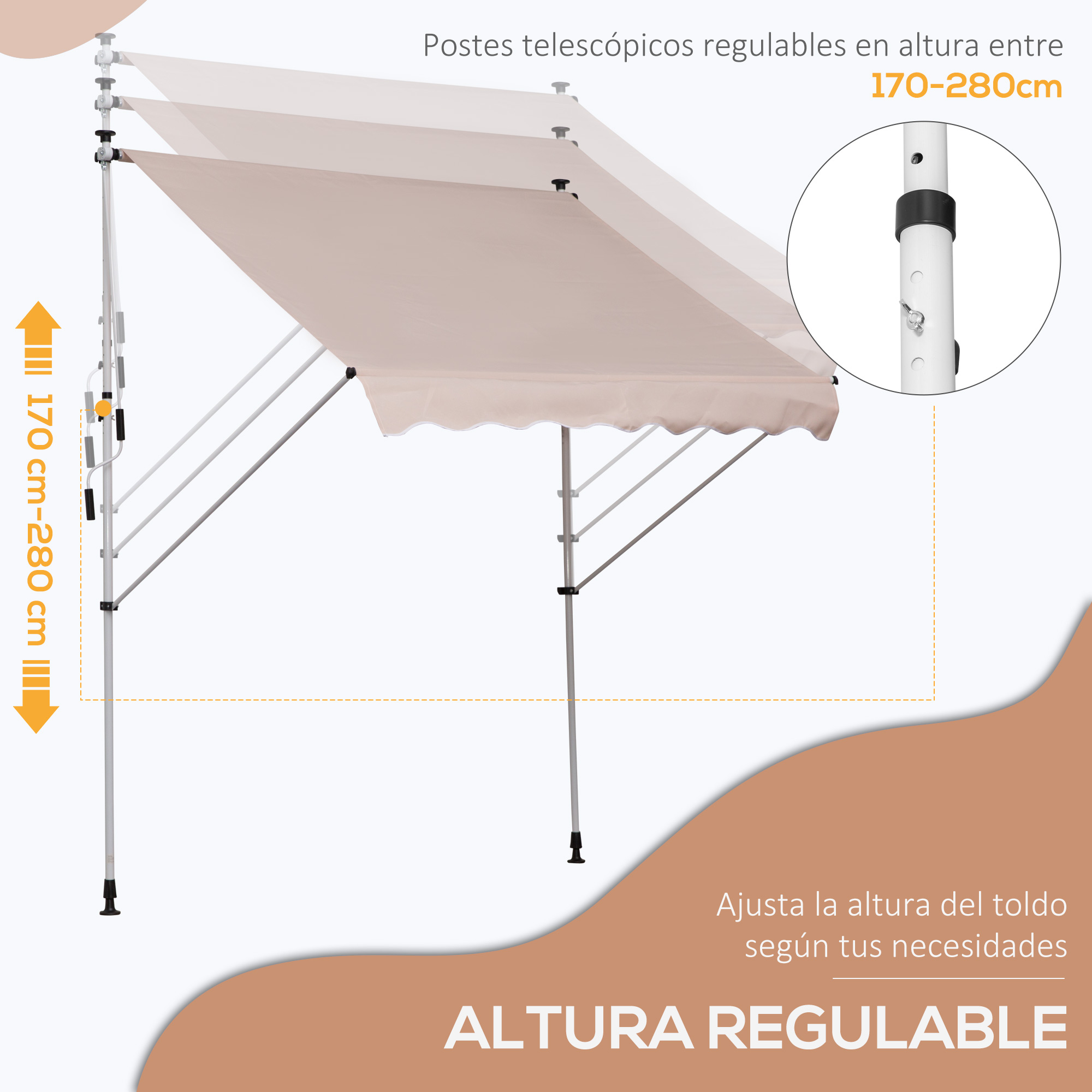 Toldo de altura ajustable, tela beige, con postes telescópicos. Rango de 170 cm a 280 cm. Texto: Altura ajustable.