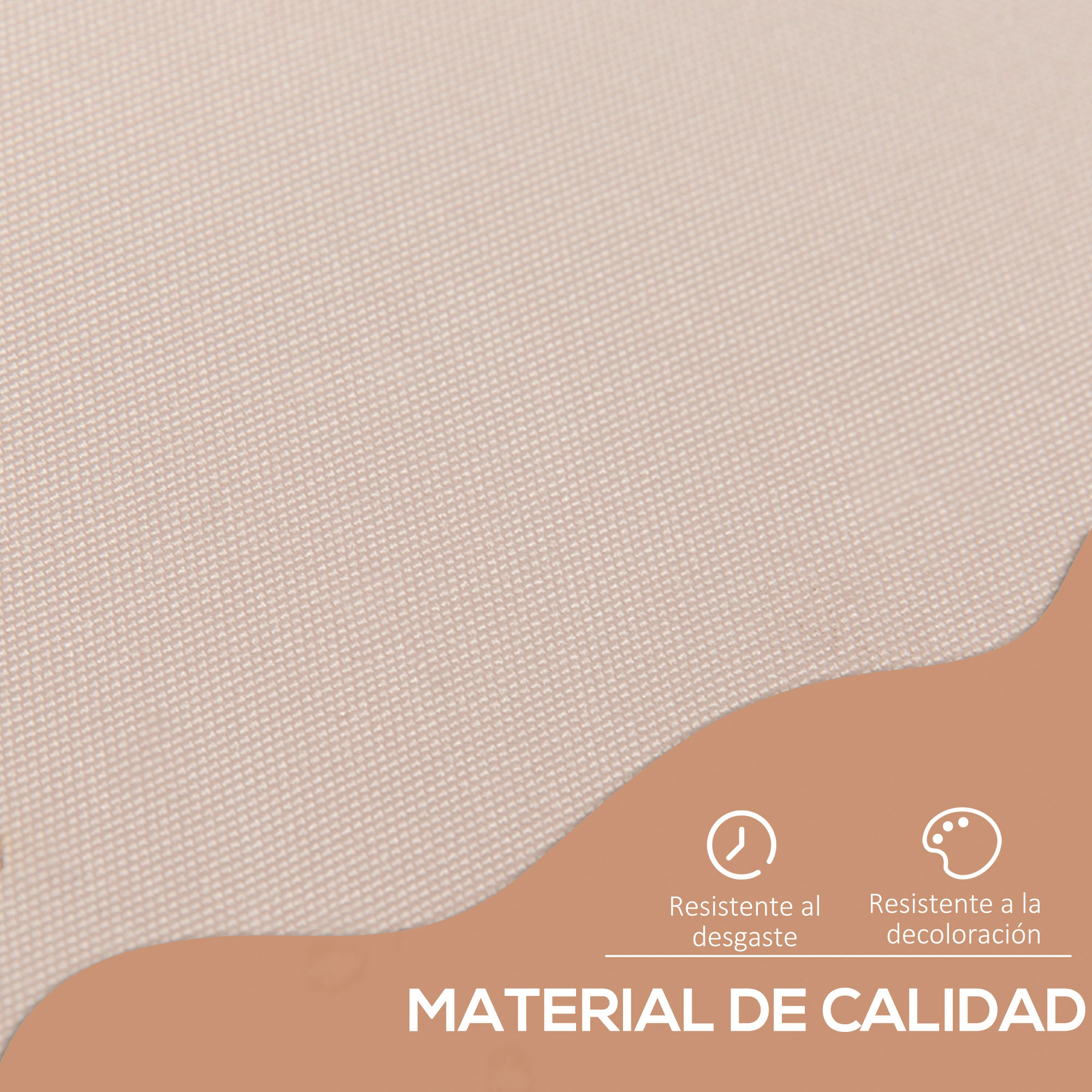Primer plano de tela beige. Abajo, banner marrón con texto e iconos: resistente al desgaste y la decoloración. El texto dice 'MATERIAL DE CALIDAD'.