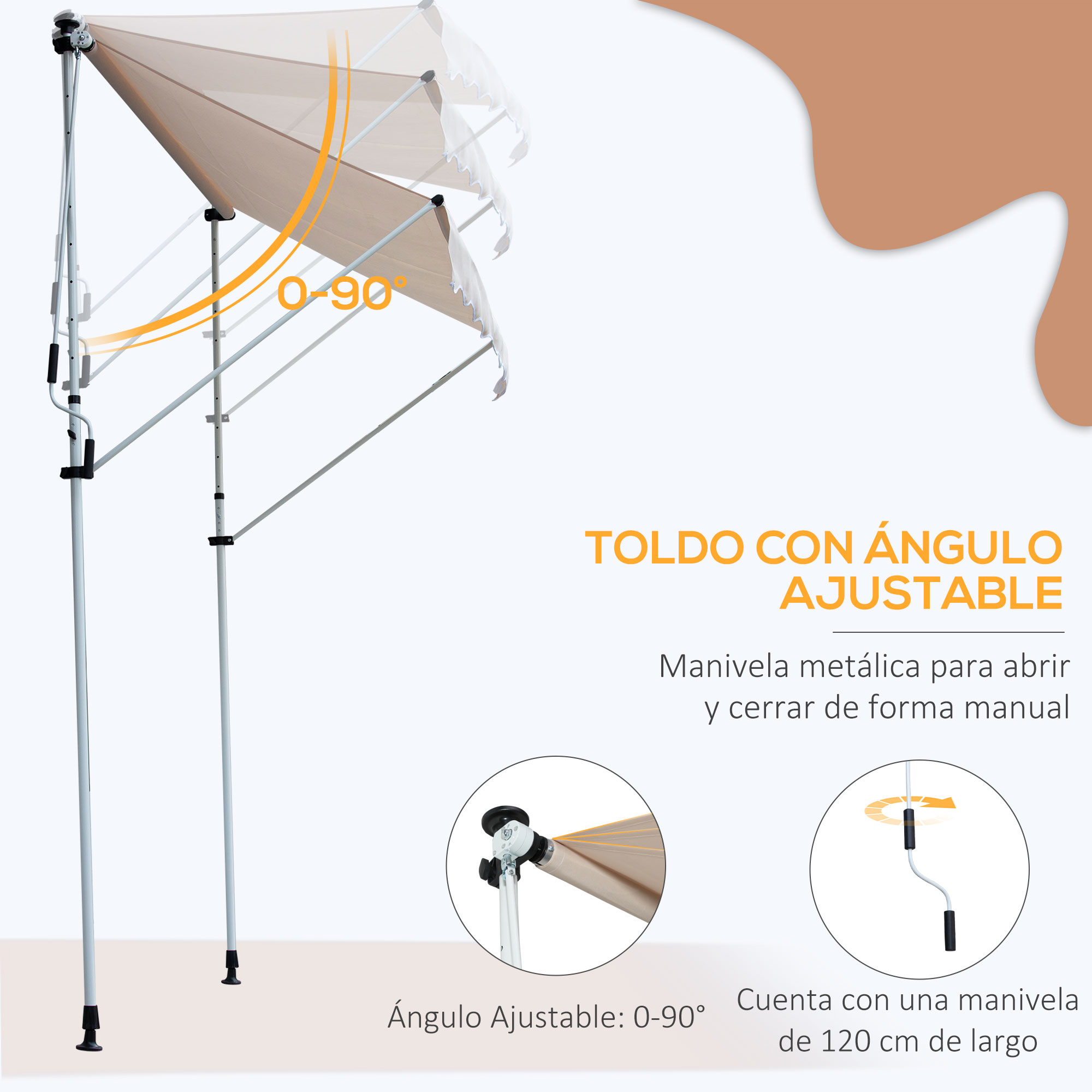 Un toldo beige ajustable con manivela, sobre un fondo blanco con texto naranja. El ángulo es ajustable de 0-90 grados.