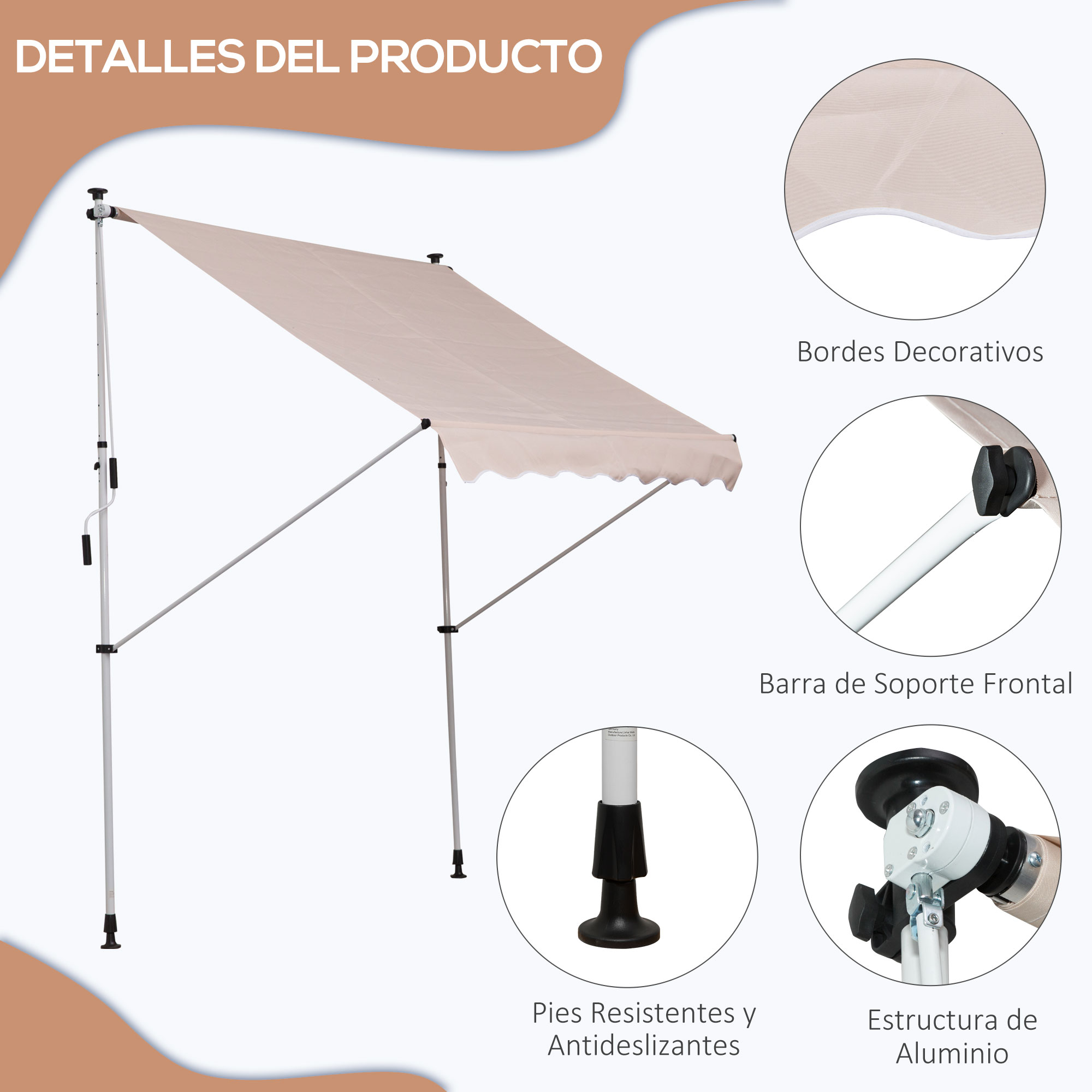 Toldo beige con marco blanco y soportes negros. Detalles incluyen bordes decorativos, estructura de aluminio y pies antideslizantes.