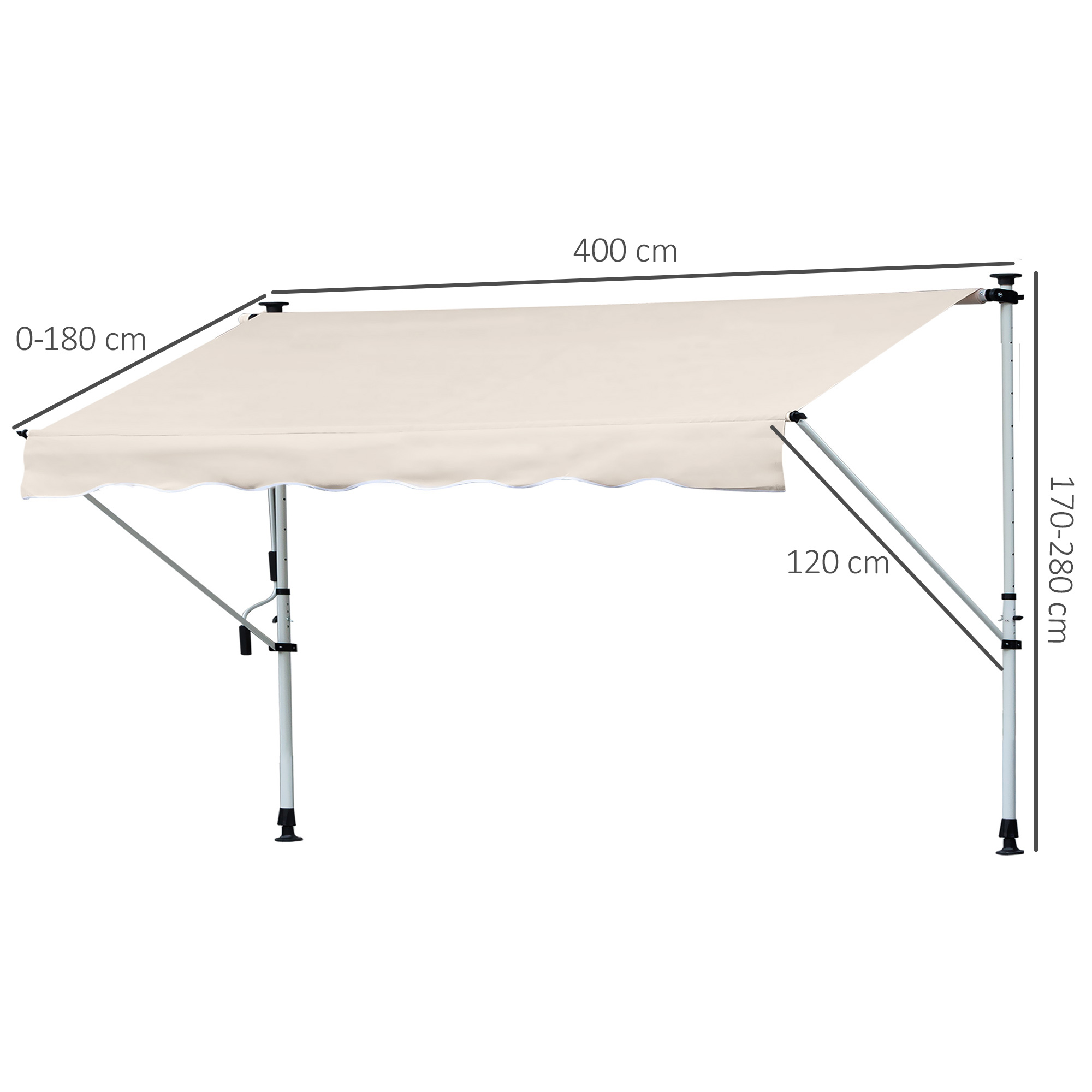 Tenda da sole retrattile beige, sostenuta da pali bianchi. Dimensioni: 400 cm di larghezza, 170-280 cm di altezza, 0-180 cm di sporgenza, 120 cm di supporto.