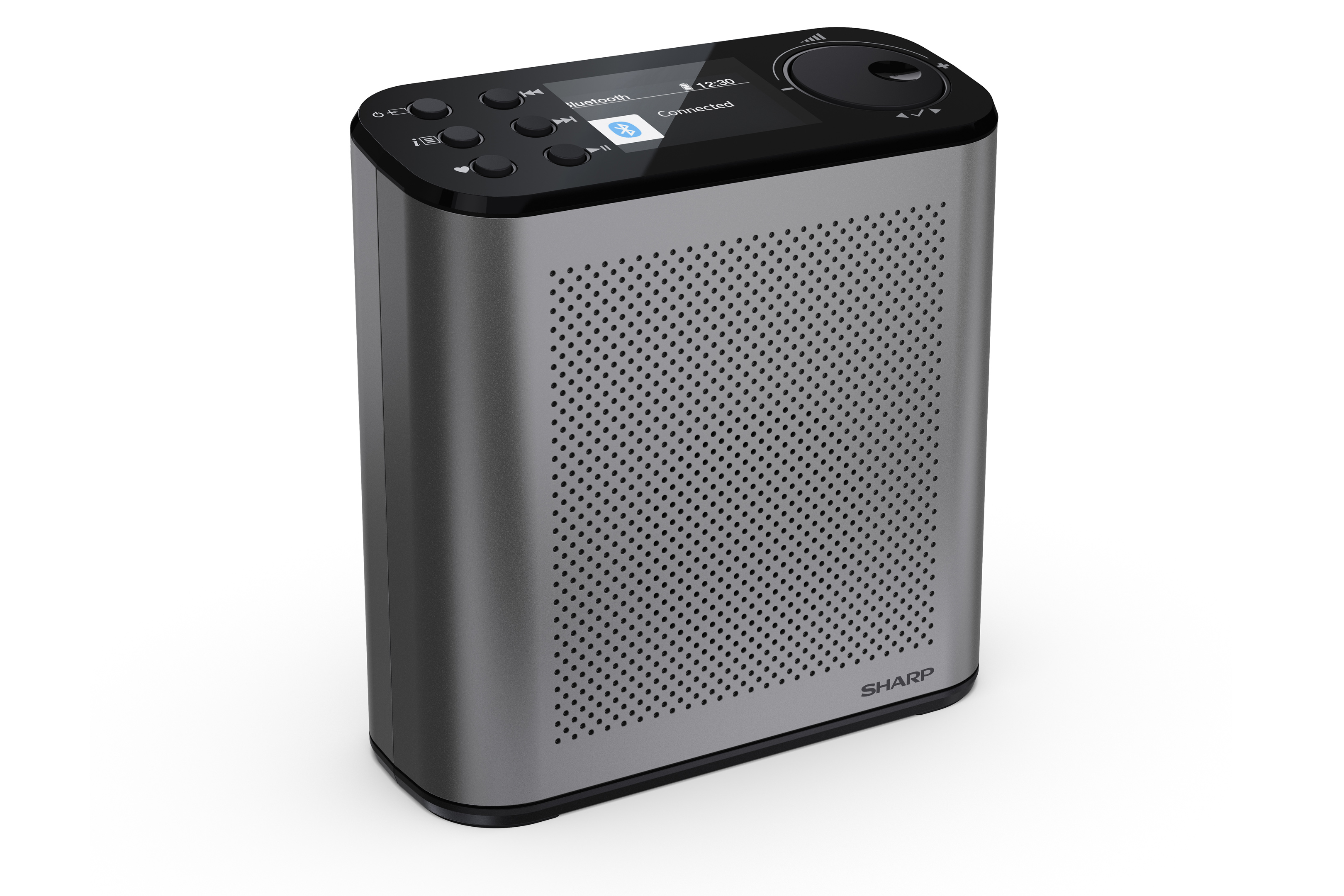 Een grijze Sharp Bluetooth-luidspreker. Hij heeft een scherm en knoppen aan de bovenkant en een geperforeerde voorkant.