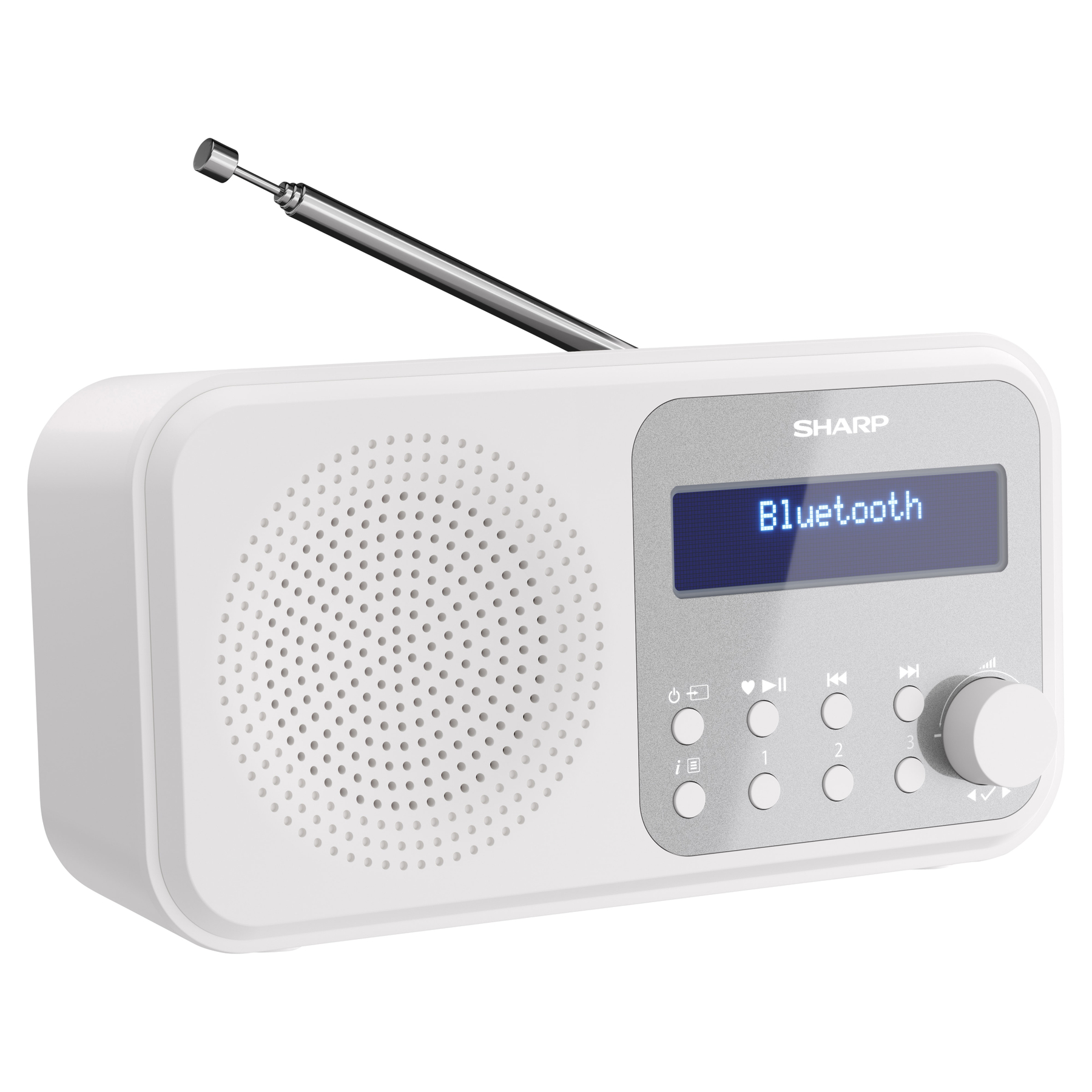Białe radio Sharp ze srebrną anteną, wyświetlaczem Bluetooth i przyciskami sterowania.