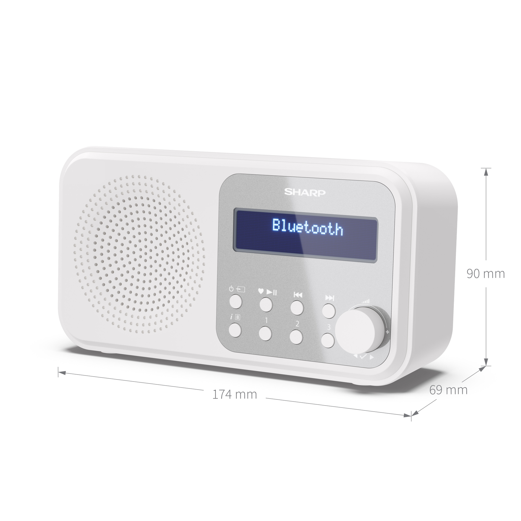 Białe radio Bluetooth Sharp. Ma głośnik, wyświetlacz, przyciski i pokrętło głośności. Wymiary są pokazane.