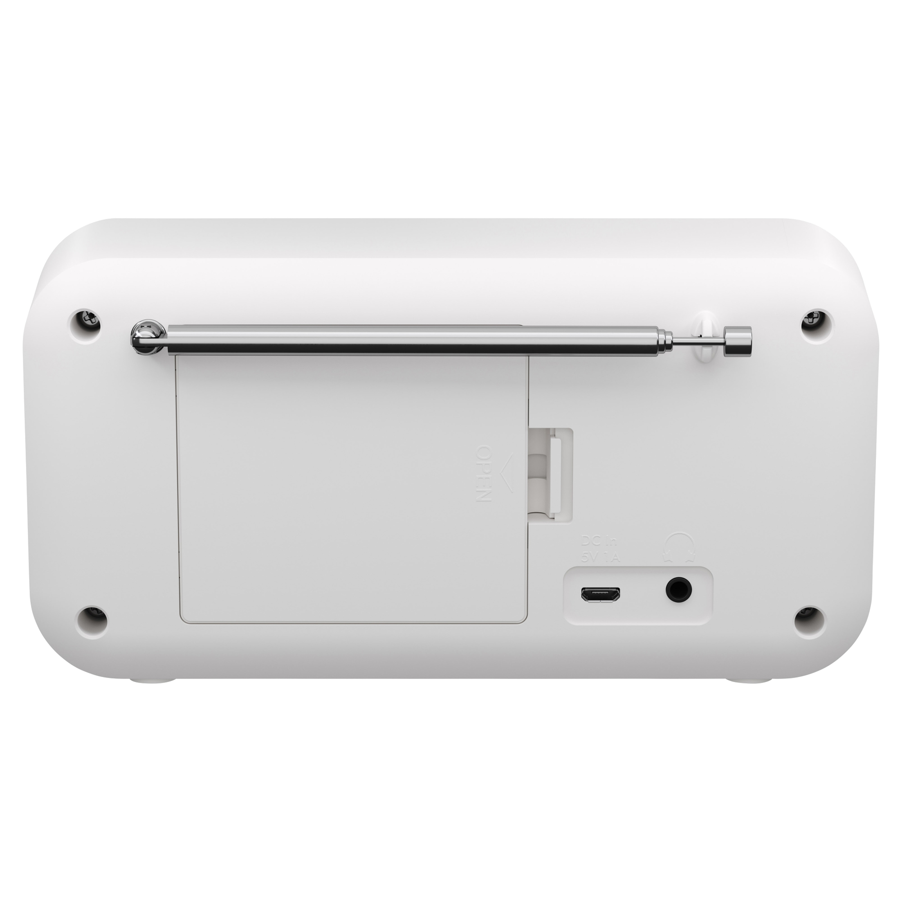 Białe radio z wysuwaną anteną. Posiada otwartą komorę baterii oraz porty do wejścia DC, gniazdo słuchawkowe i USB.