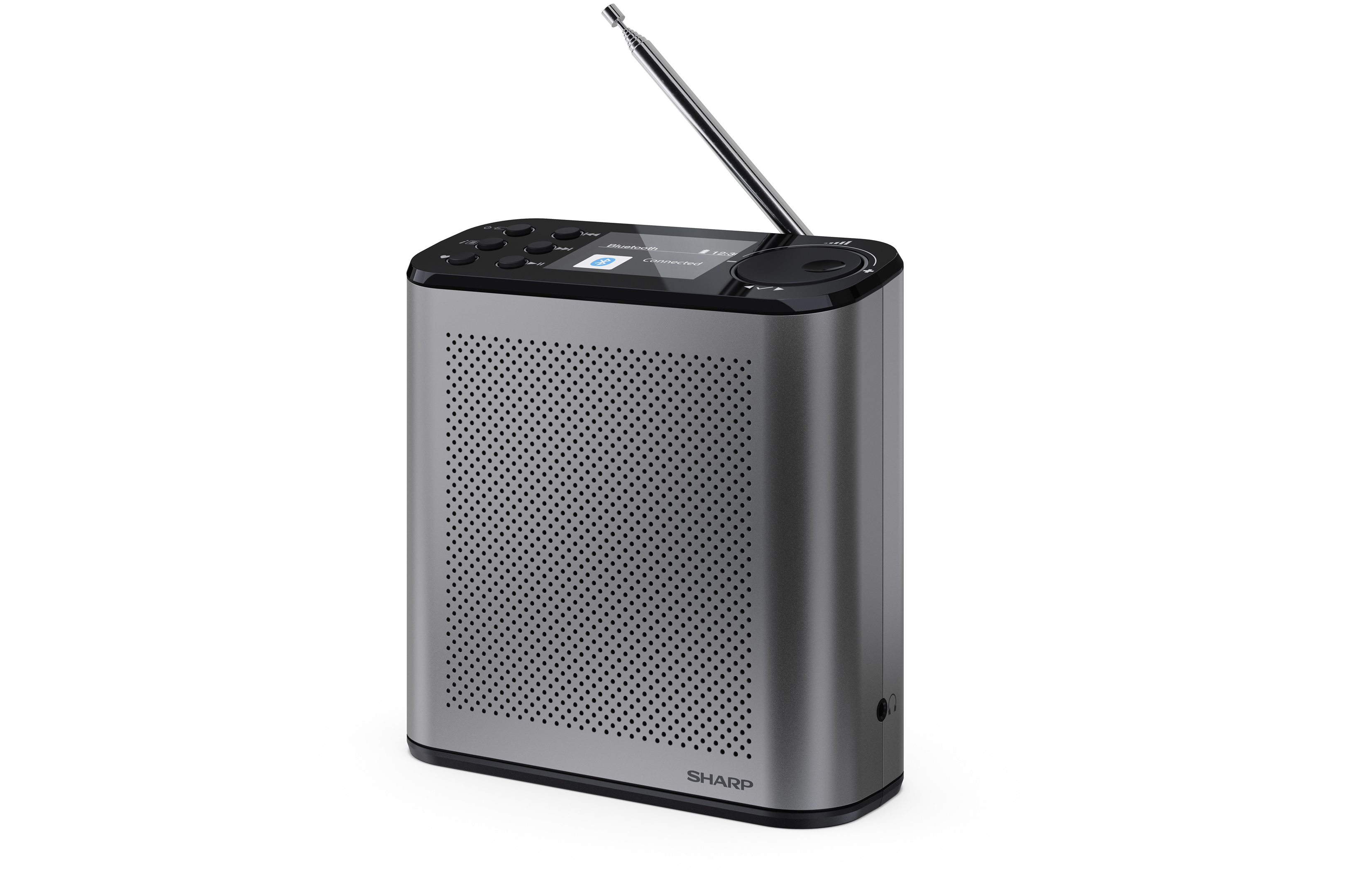 Een zilveren Sharp radio met zwarte bovenkant. Het heeft een antenne, knoppen en een scherm met 'Bluetooth connected'.