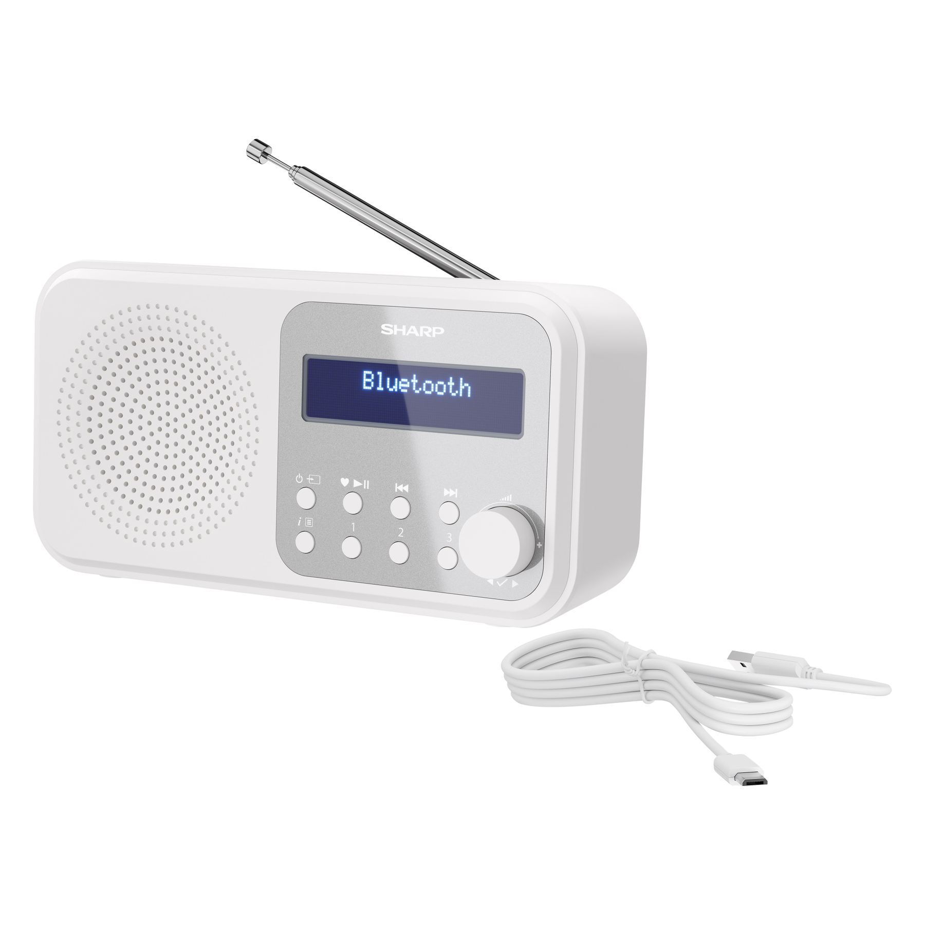 Białe radio Sharp ze srebrną anteną i panelem sterowania. Wyświetlacz pokazuje 'Bluetooth'. W pobliżu biały kabel.