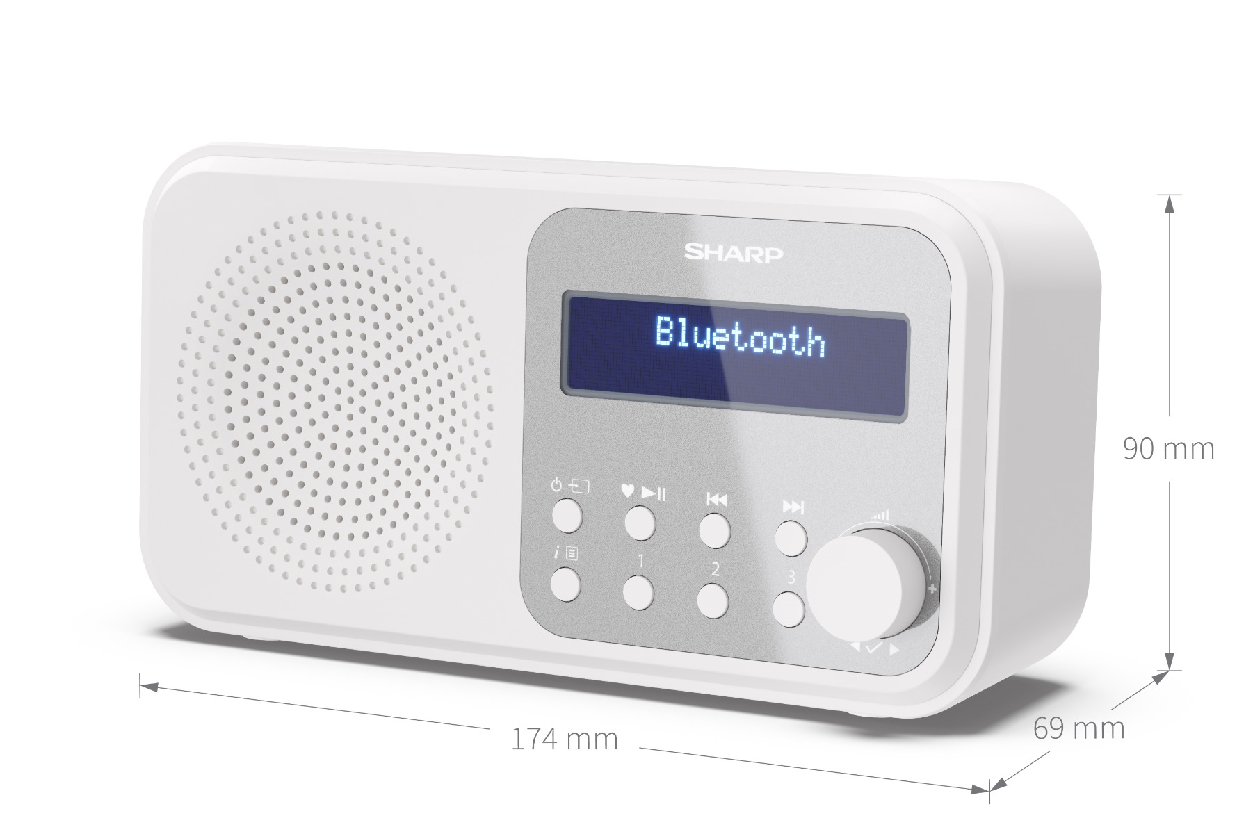 Białe radio Bluetooth Sharp. Posiada głośnik, wyświetlacz z Bluetooth, przyciski i pokrętło głośności. Wymiary są pokazane.