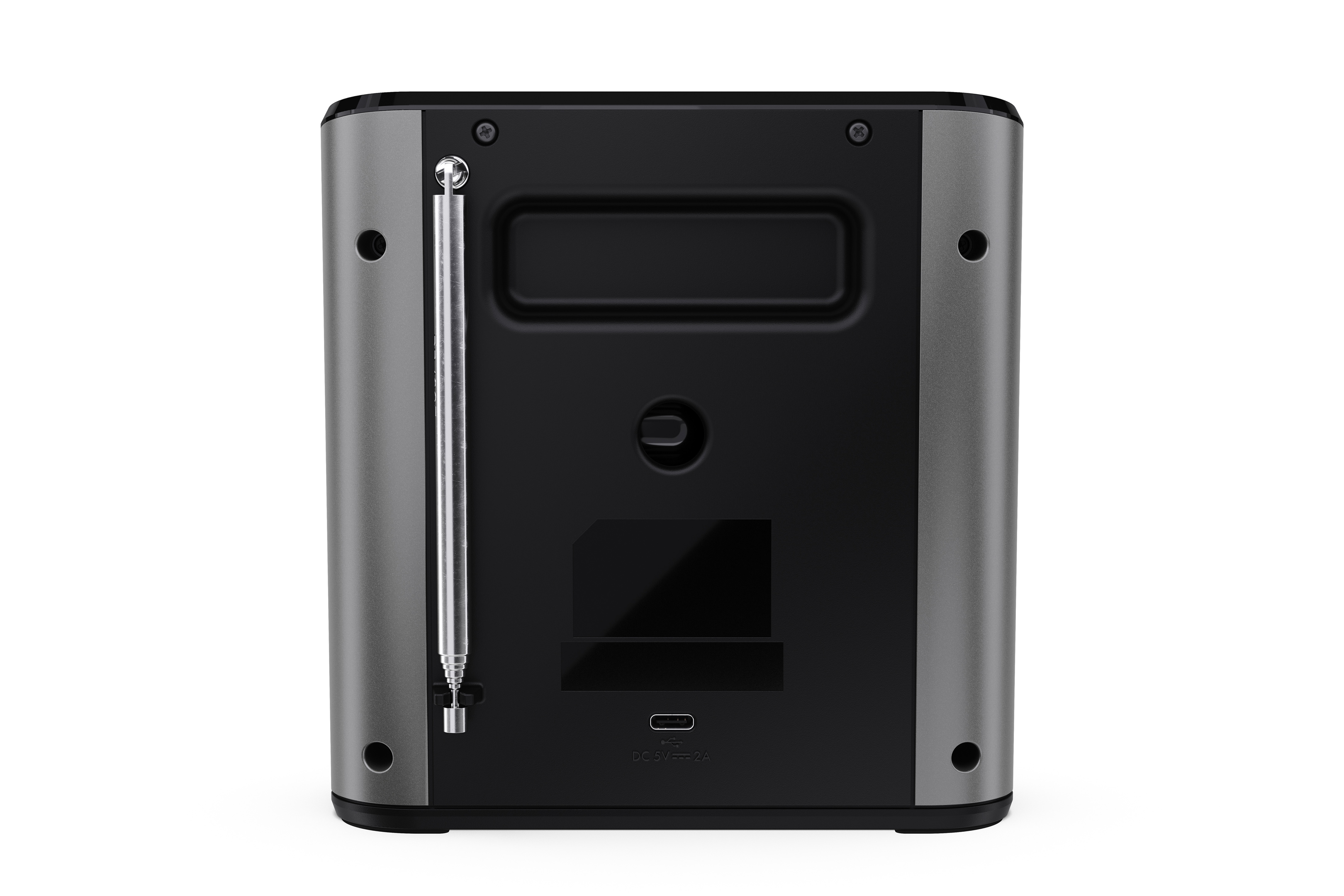Achteraanzicht van een moderne radio. Het heeft een intrekbare antenne, een USB-poort en een donkergrijze behuizing.