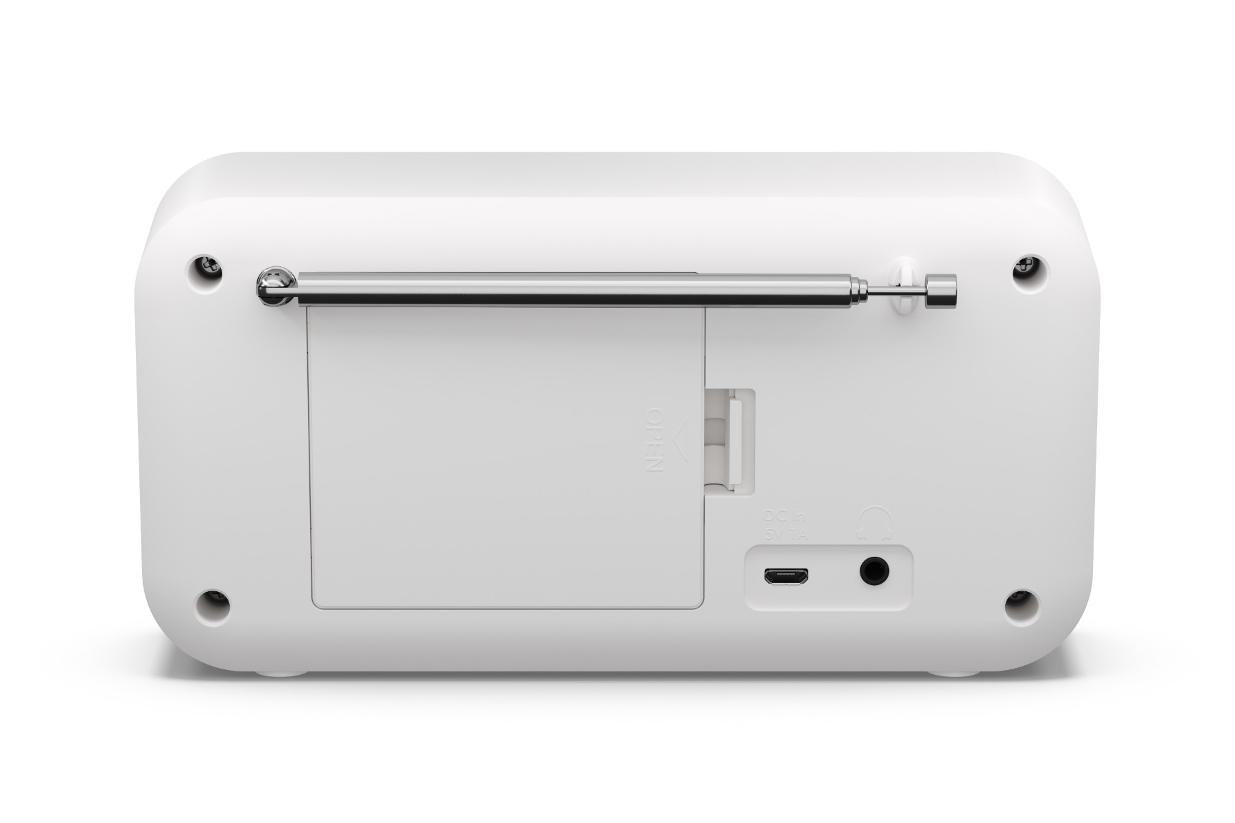 Widok z tyłu białego radia. Posiada wysuwaną antenę, komorę baterii i kilka portów.