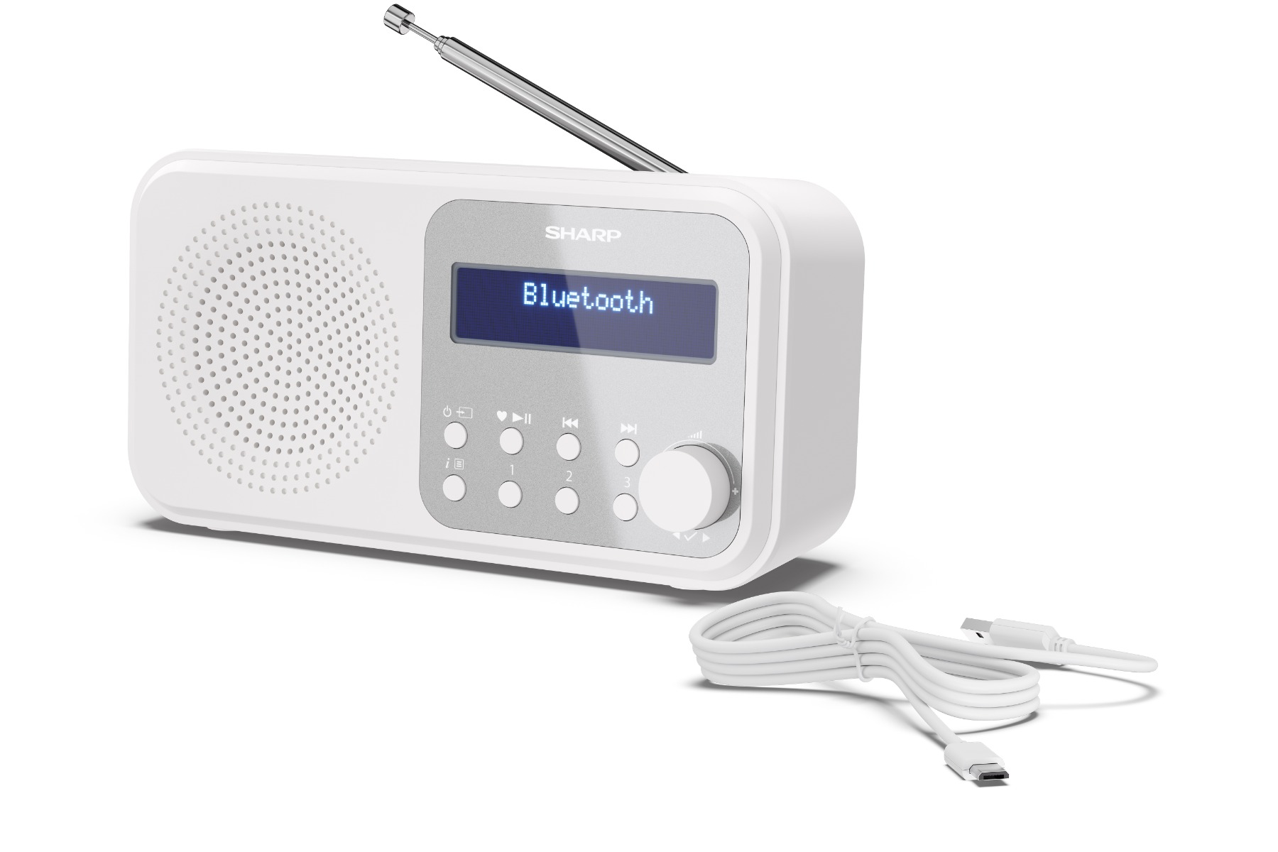 Białe radio Sharp z anteną, ekranem wyświetlającym 'Bluetooth' i białym kablem USB. Radio na białym tle.