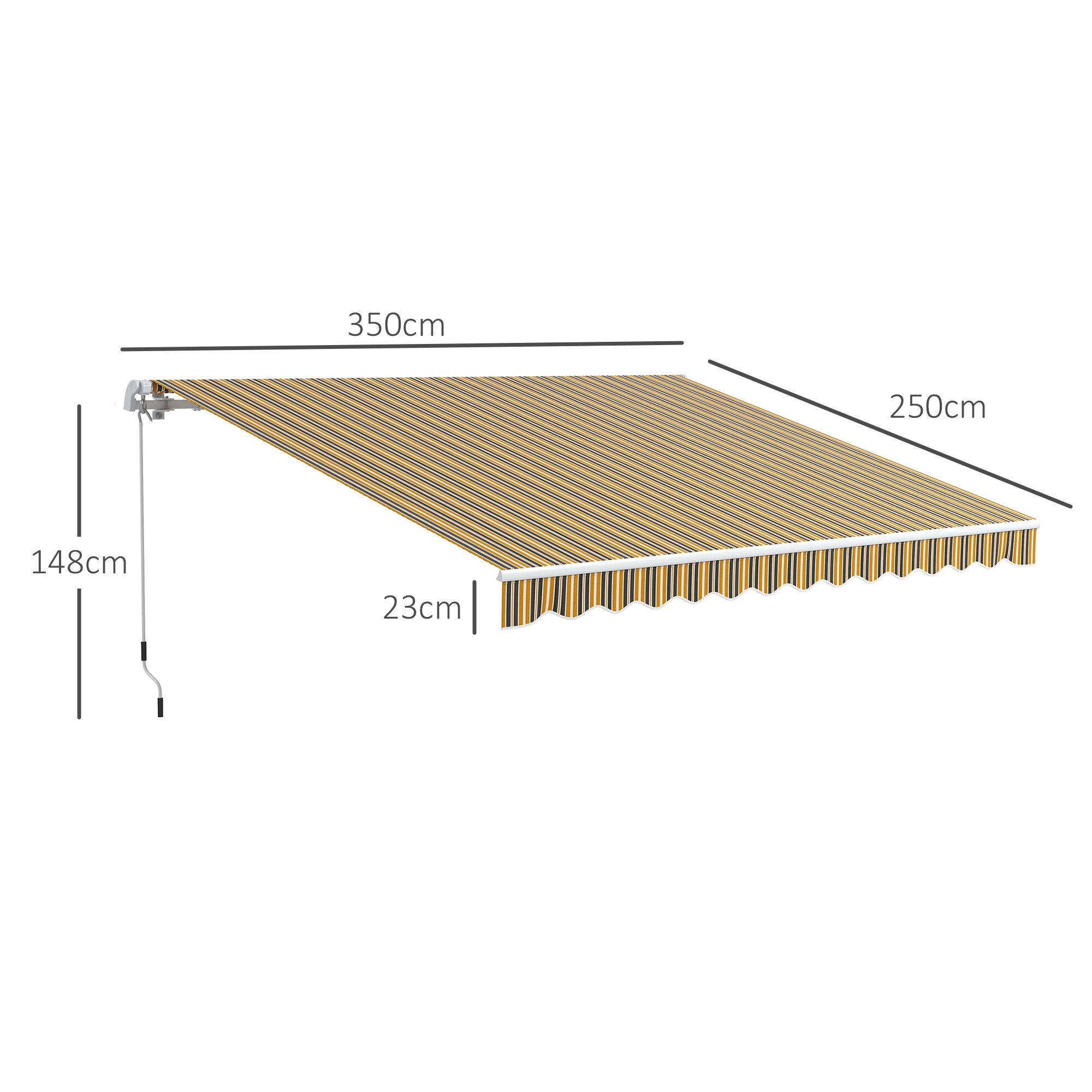 Toldo con tela a rayas beige y negro, dimensiones etiquetadas. Manivela y brazo de soporte visibles.
