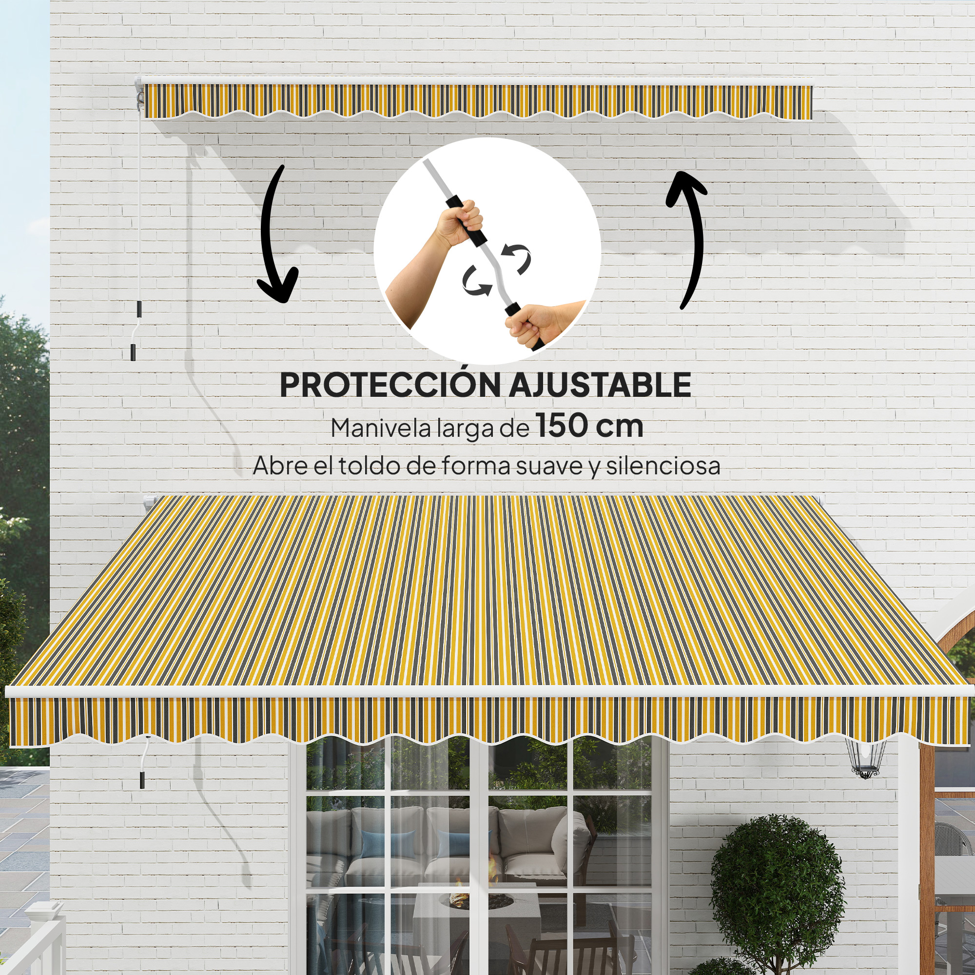 Un toldo con rayas amarillas, negras y blancas está instalado en una pared de ladrillos blancos, con texto sobre protección ajustable.