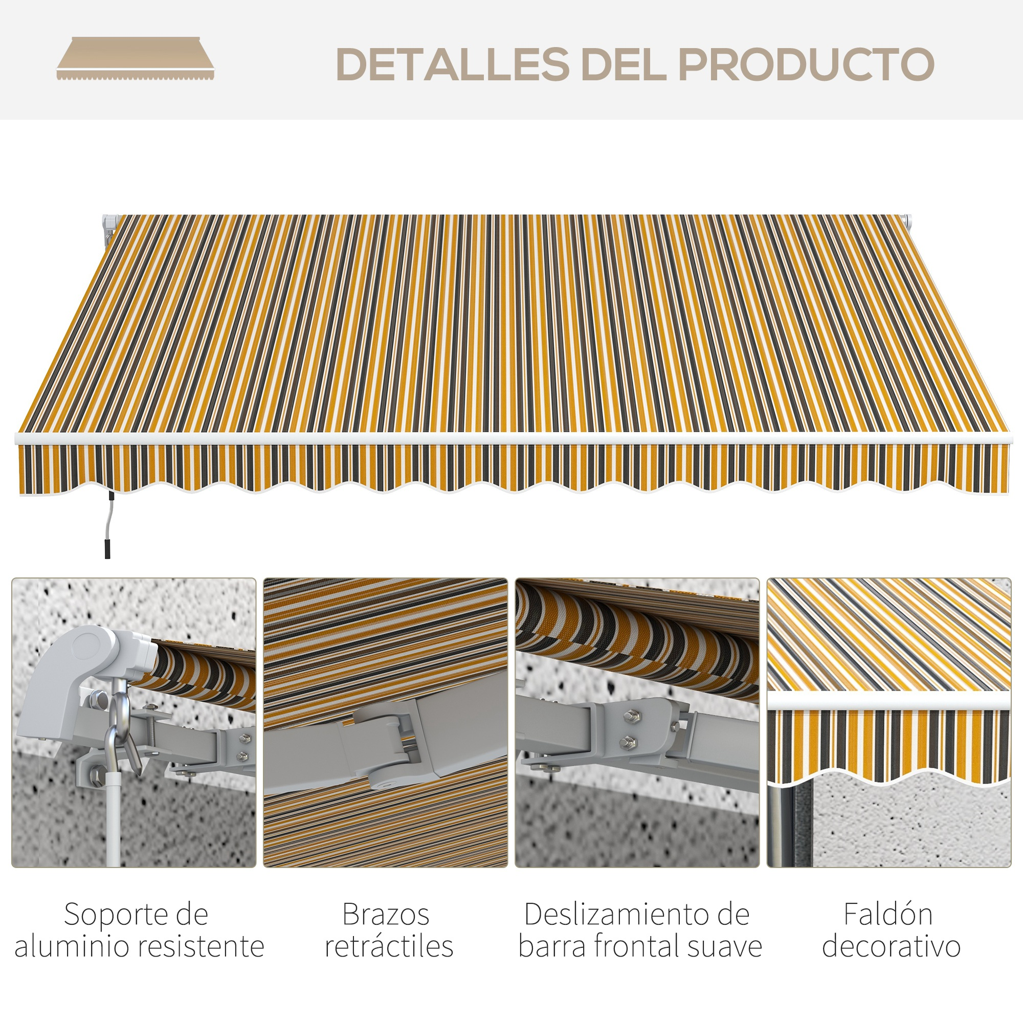 Se muestra un toldo a rayas en amarillo, negro y blanco, con primeros planos de sus características. El texto dice: Detalles del producto.