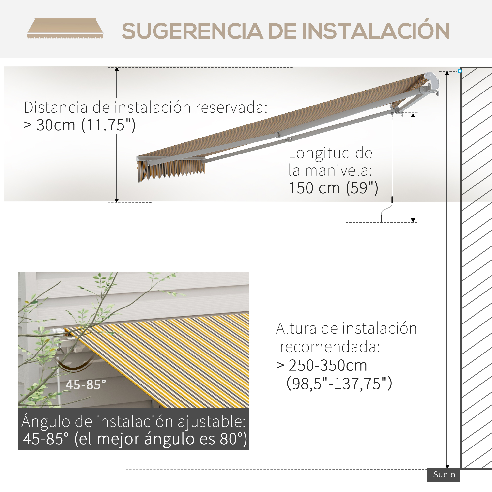 Diagrama muestra detalles de instalación de toldos: ángulos, distancias y medidas. Incluye texto en español e inglés para mayor claridad.