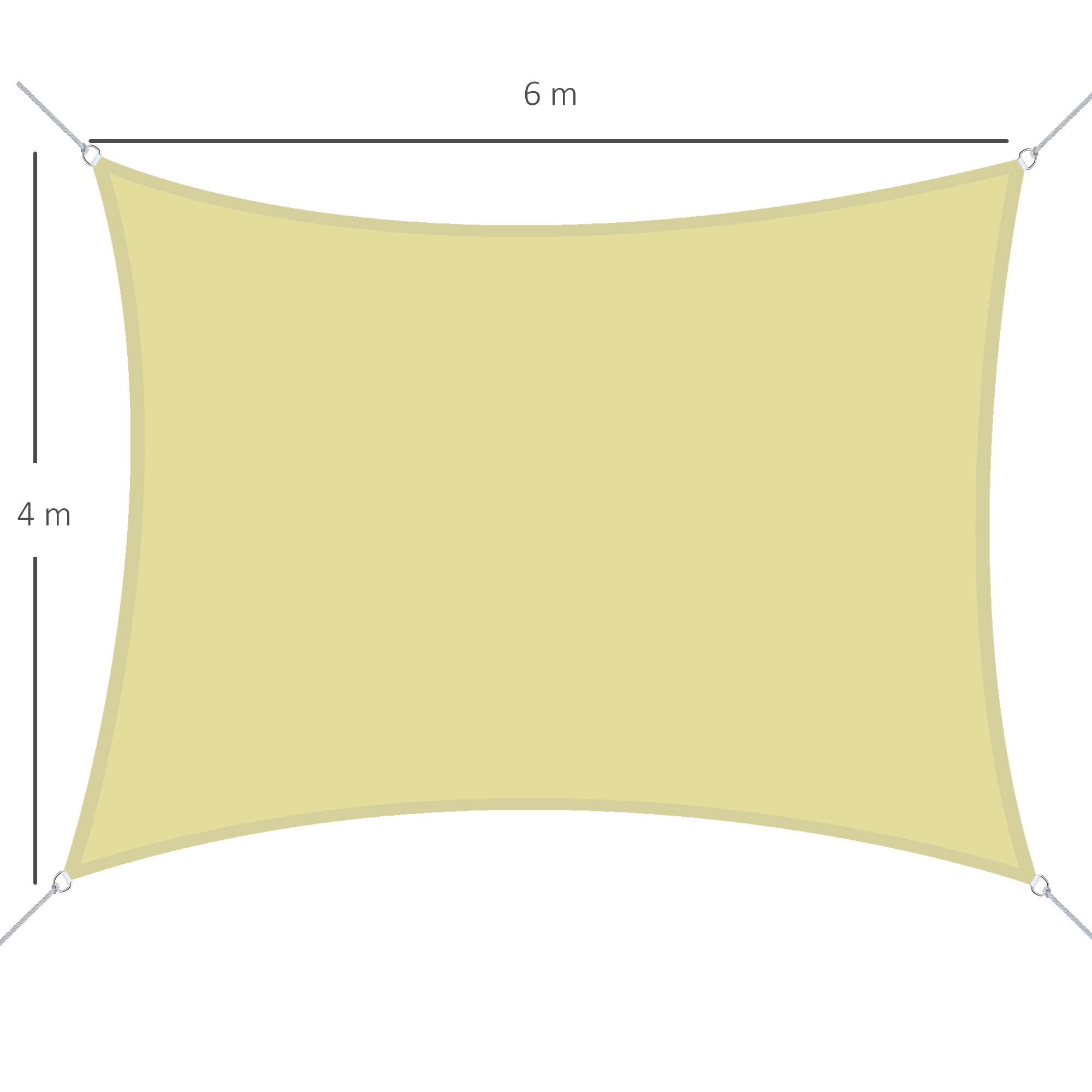 Una vela solar rectangular beige. Mide 6 m de ancho y 4 m de alto. Cables metálicos se fijan a cada esquina.