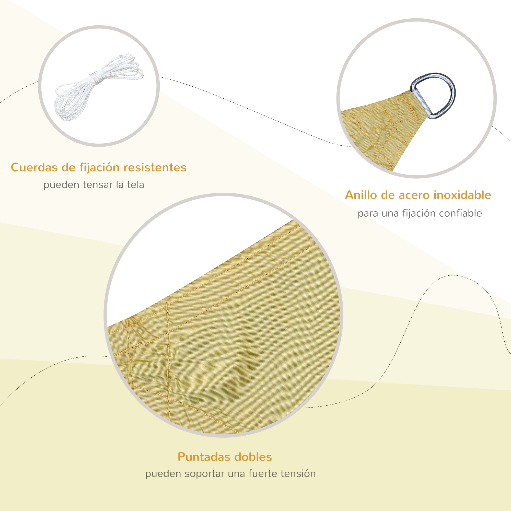 La imagen muestra una vela solar beige con anillo de acero inoxidable, cuerda blanca y puntadas dobles. Las etiquetas textuales describen cada parte.
