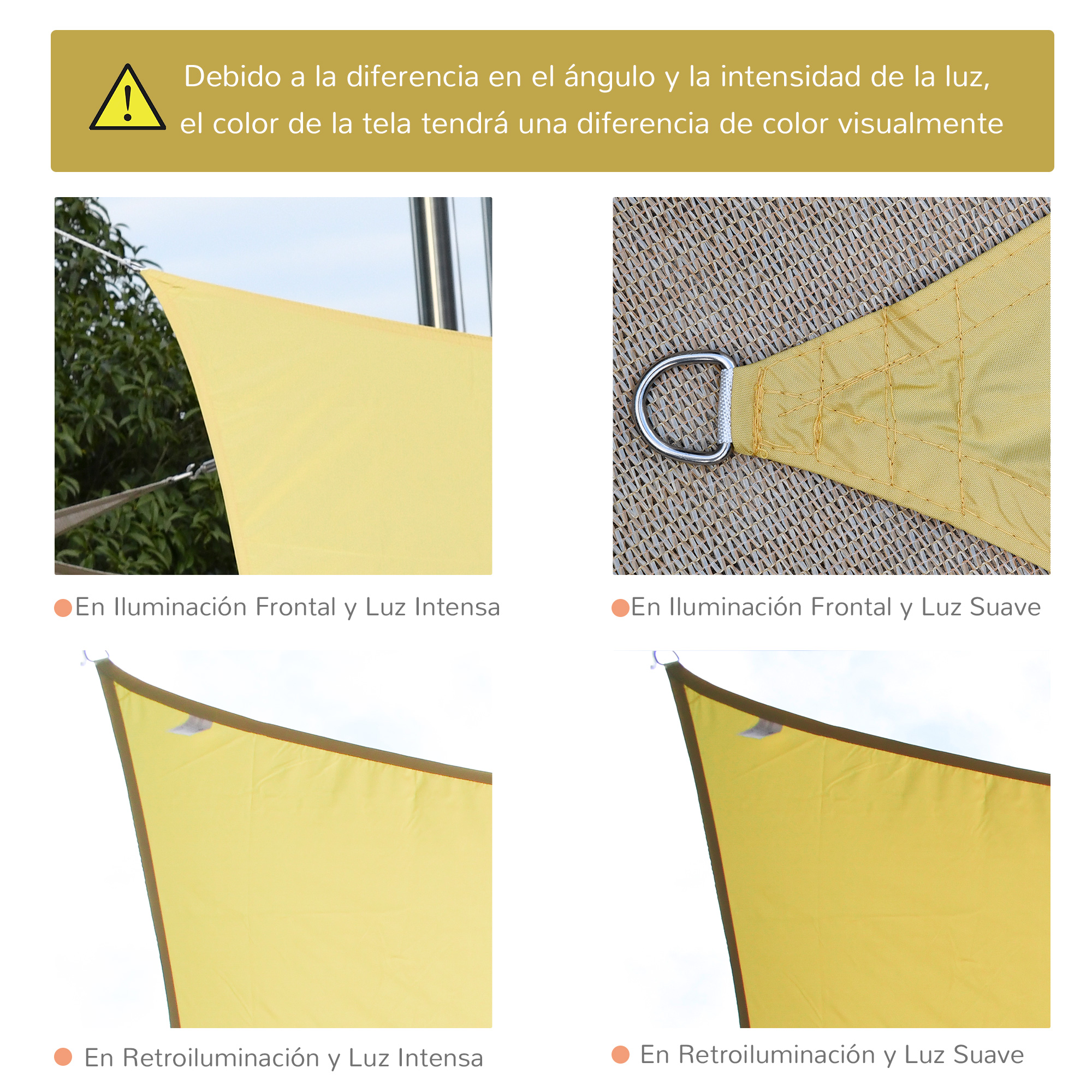 Cuatro imágenes muestran una tela amarilla con variaciones de color debido a la luz y el ángulo. Cada imagen tiene diferente iluminación.