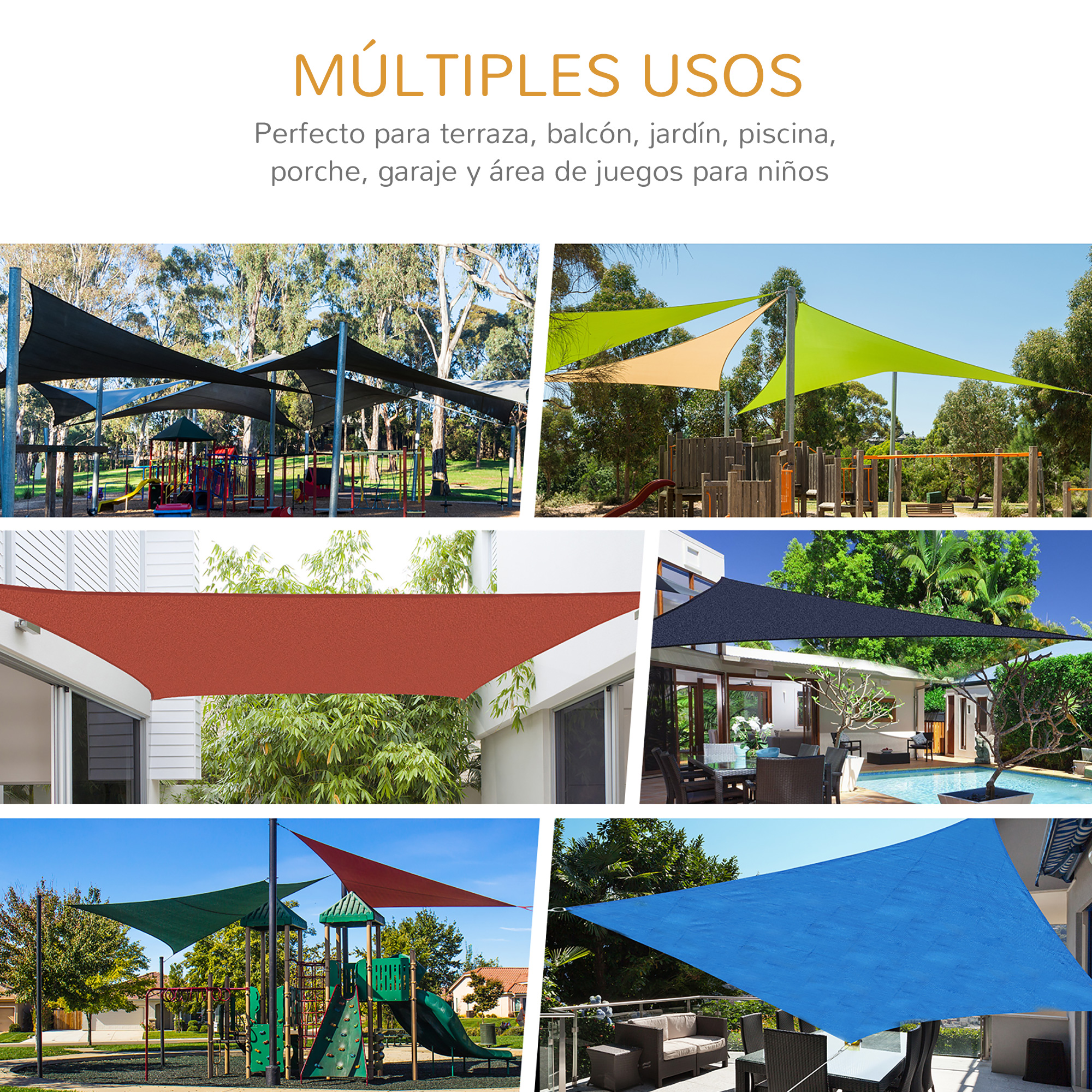 La imagen muestra múltiples velas de sombra en varios lugares: parques infantiles, jardines y patios, en diferentes colores y formas.