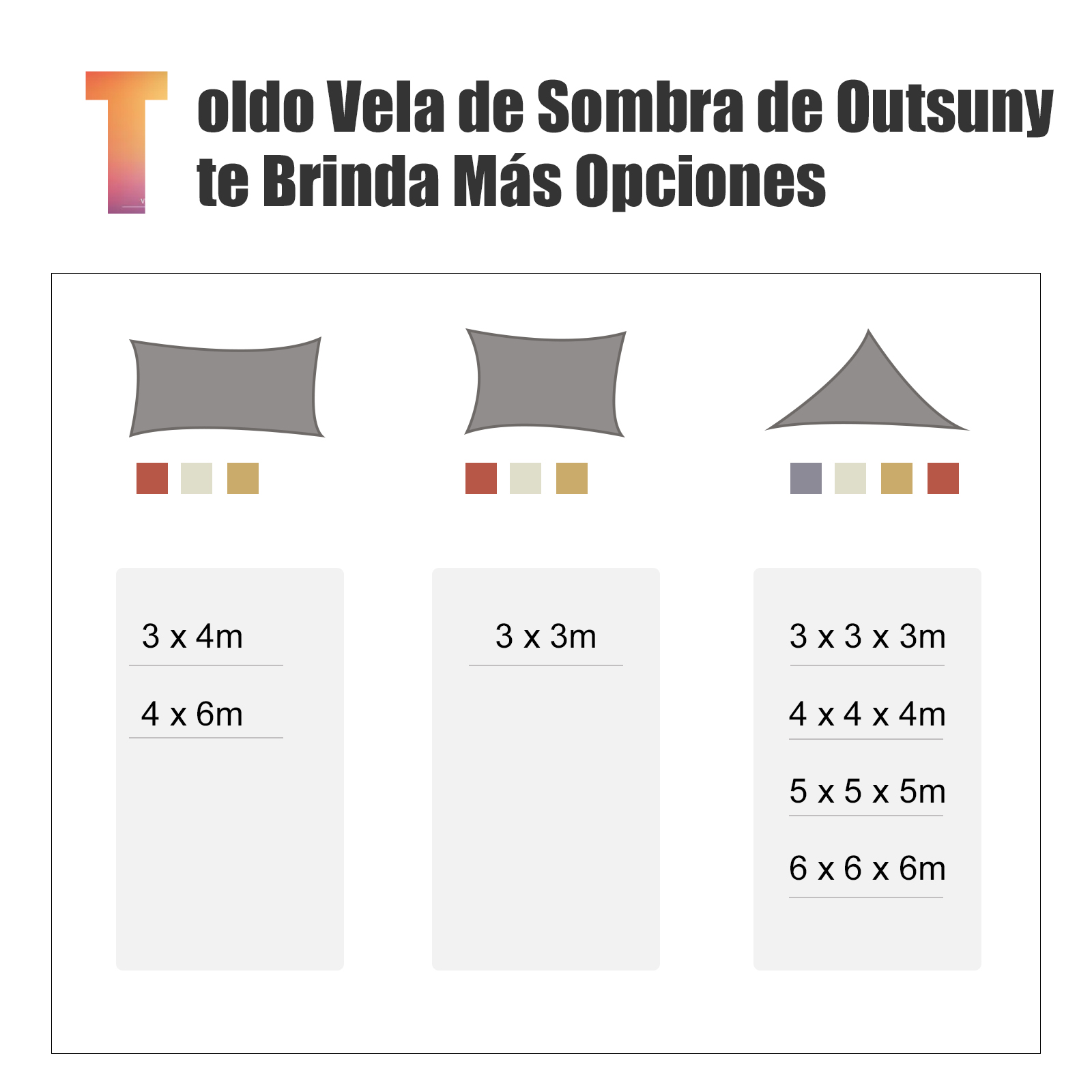 Imagen muestra toldos vela en formas y tamaños. Texto en español promociona el producto.