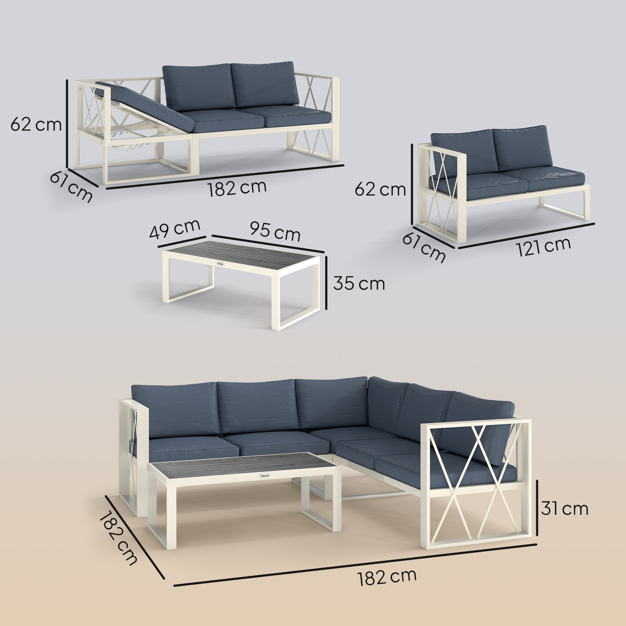 Set di mobili da esterno con dimensioni. Include un divano, un divano a due posti, un componibile e un tavolino. Tutto è bianco e blu.