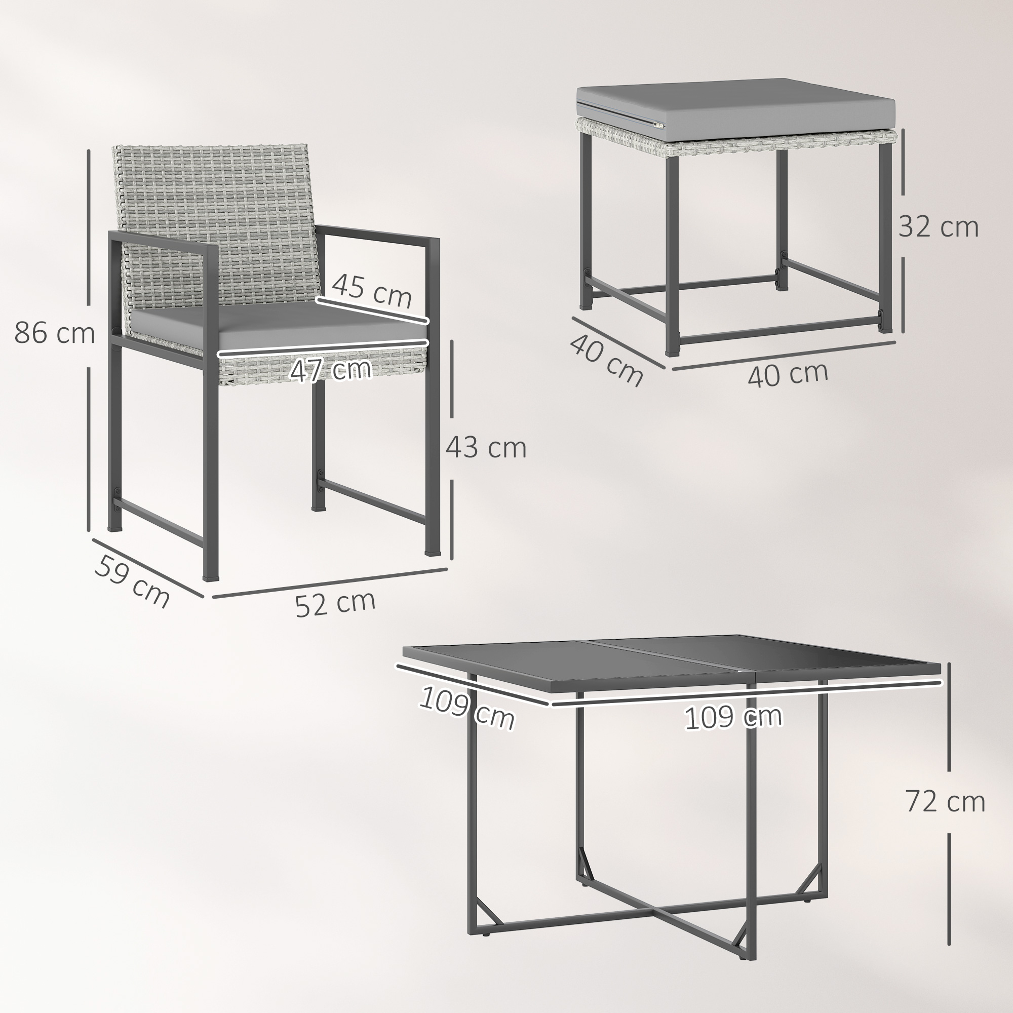 La imagen muestra una silla, una mesa y una mesa con dimensiones etiquetadas en cm. Todos son grises.