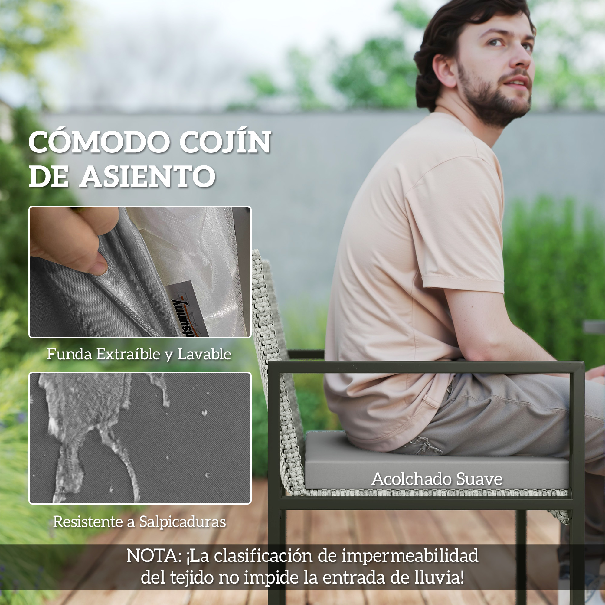 Hombre sentado en silla con cojín. Texto muestra características del cojín: funda extraíble, resistente a salpicaduras y acolchado suave.