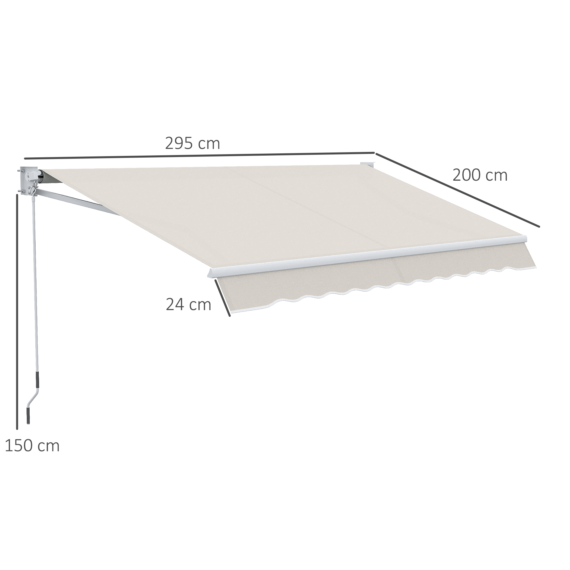 Un toldo beige con dimensiones. Tiene un brazo de soporte y una manivela. El toldo está parcialmente extendido.