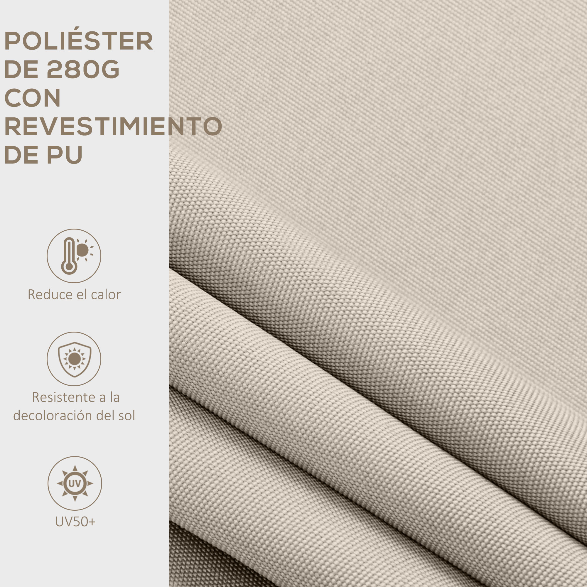 Tela beige con texto: Poliéster 280G con revestimiento de PU. Iconos muestran reducción de calor, resistencia solar y UV50+.