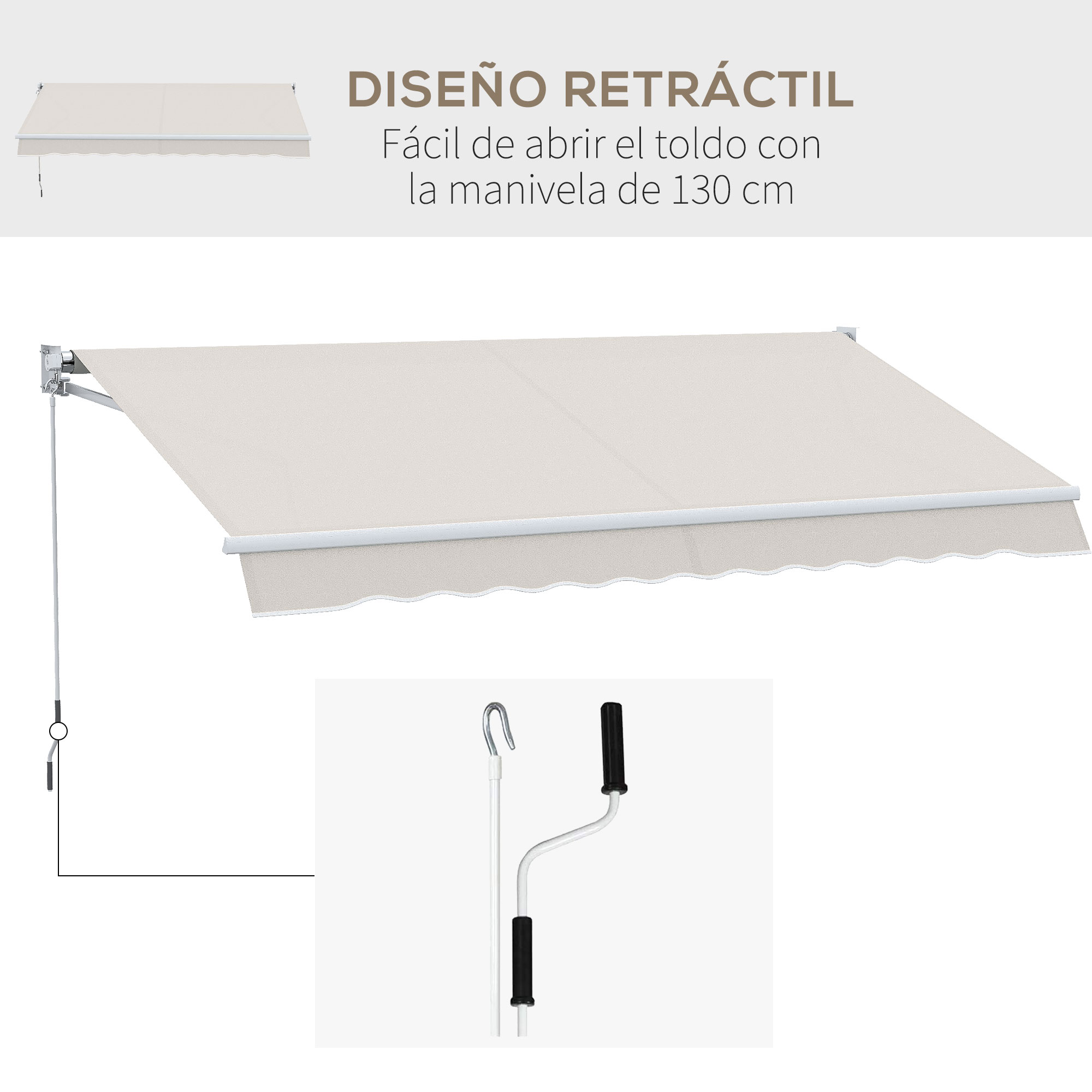 Toldo retráctil beige, abierto. Incluye manivela y texto: fácil abrir el toldo con la manivela de 130 cm.