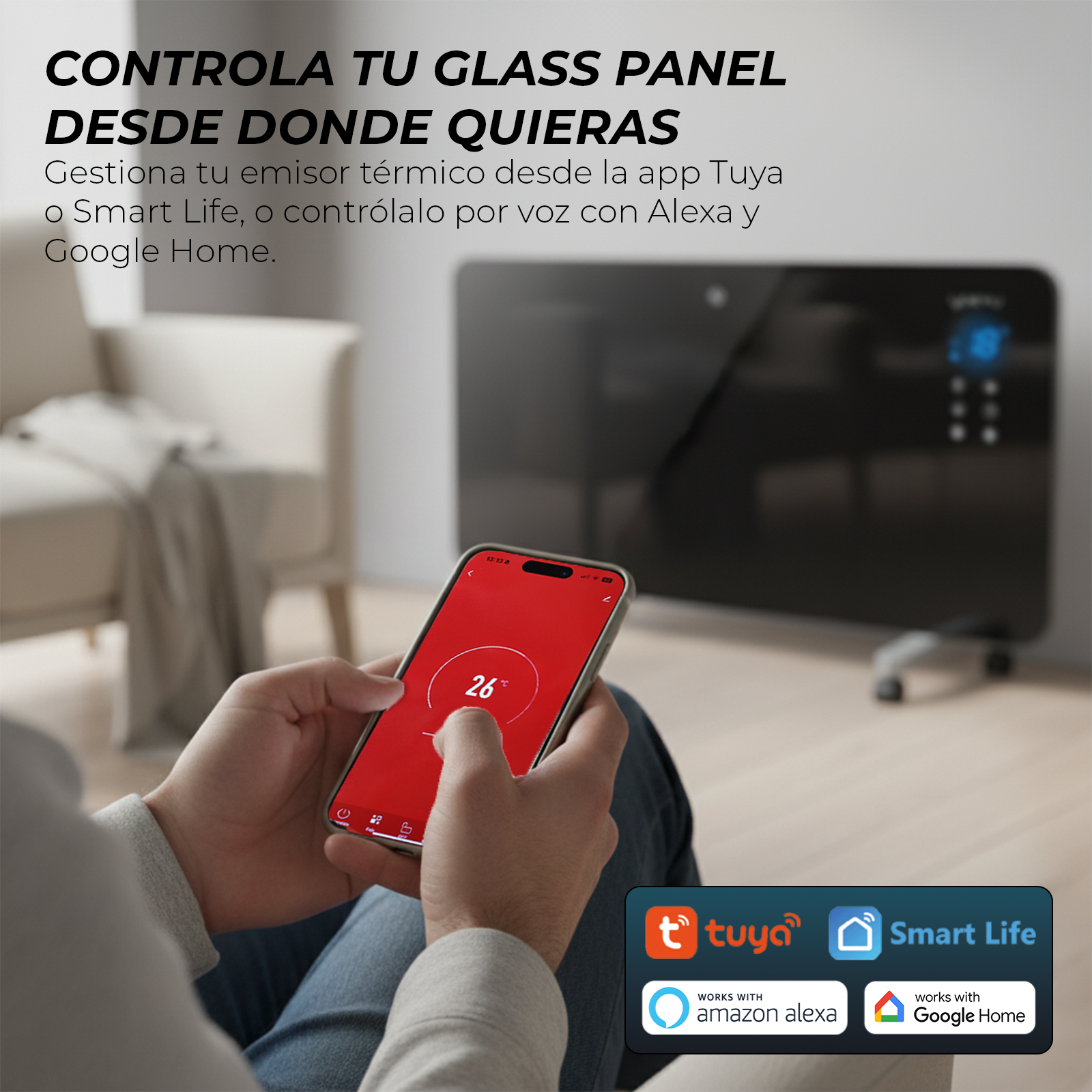 Una persona sostiene un teléfono que muestra 26 grados. En el fondo hay un calentador de panel de vidrio negro.