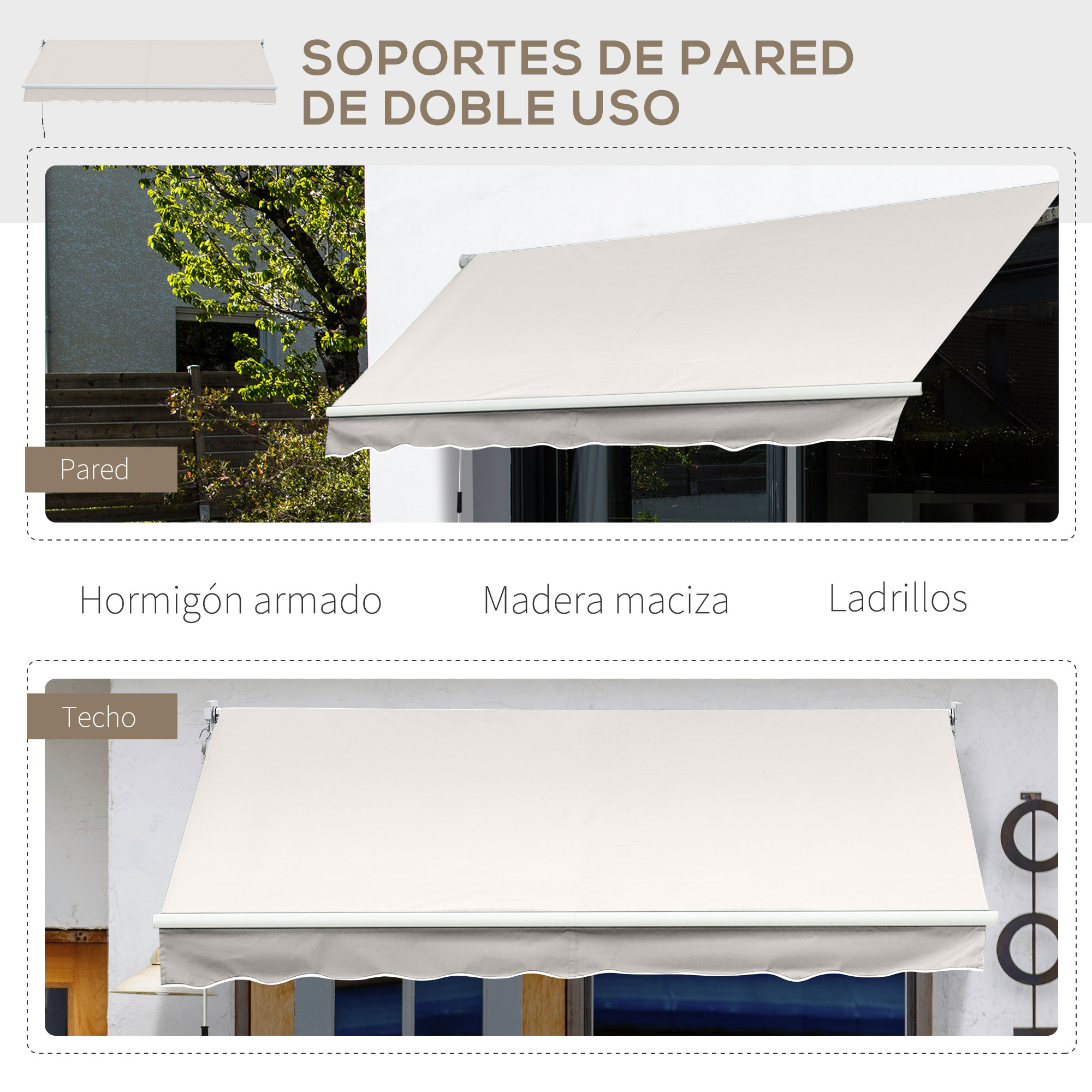 Un toldo beige está montado en una pared blanca. El toldo está extendido, con un borde festoneado. Un árbol está a la izquierda.