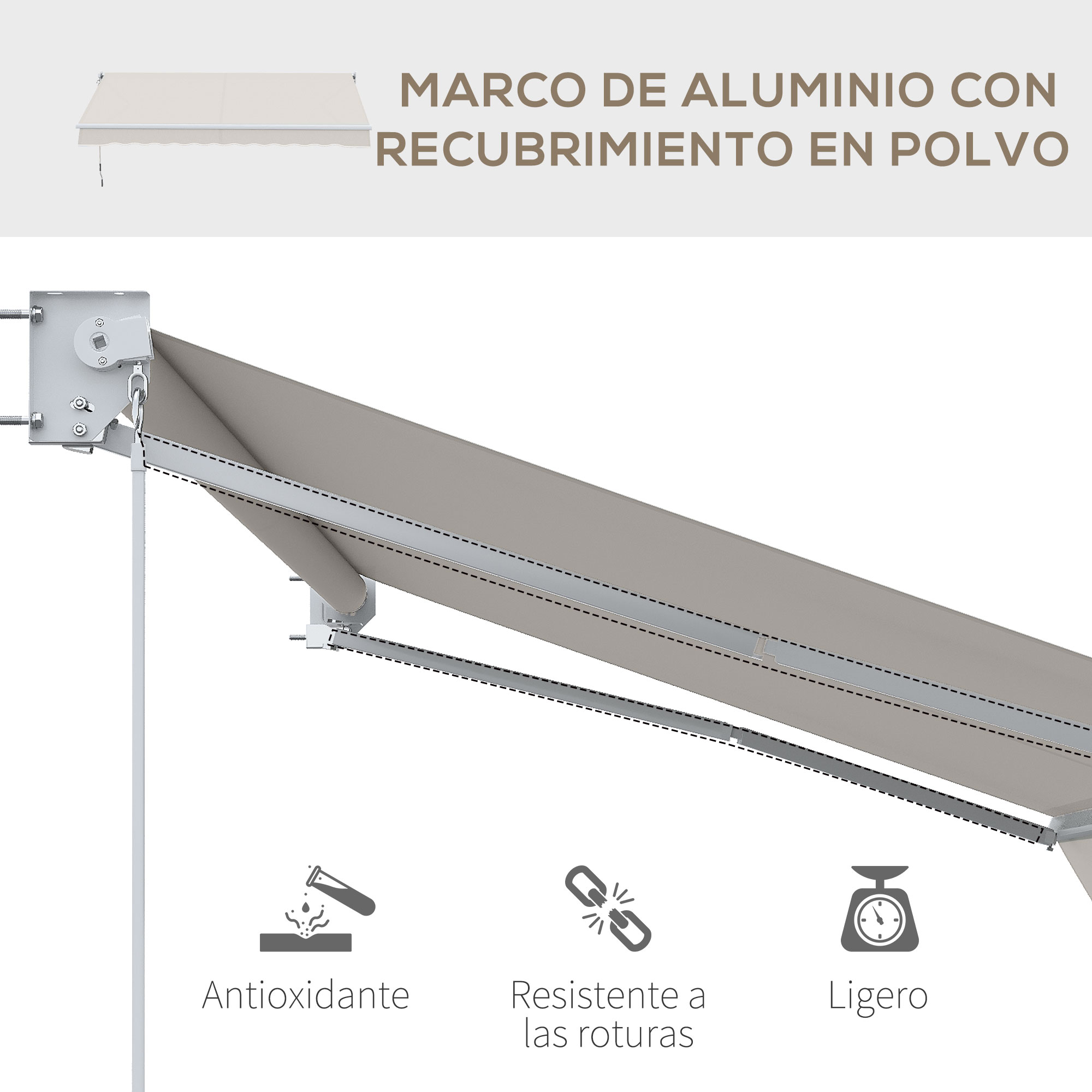 Toldo beige, con soportes metálicos grises y texto que describe sus características: antioxidante, resistente a roturas y ligero.