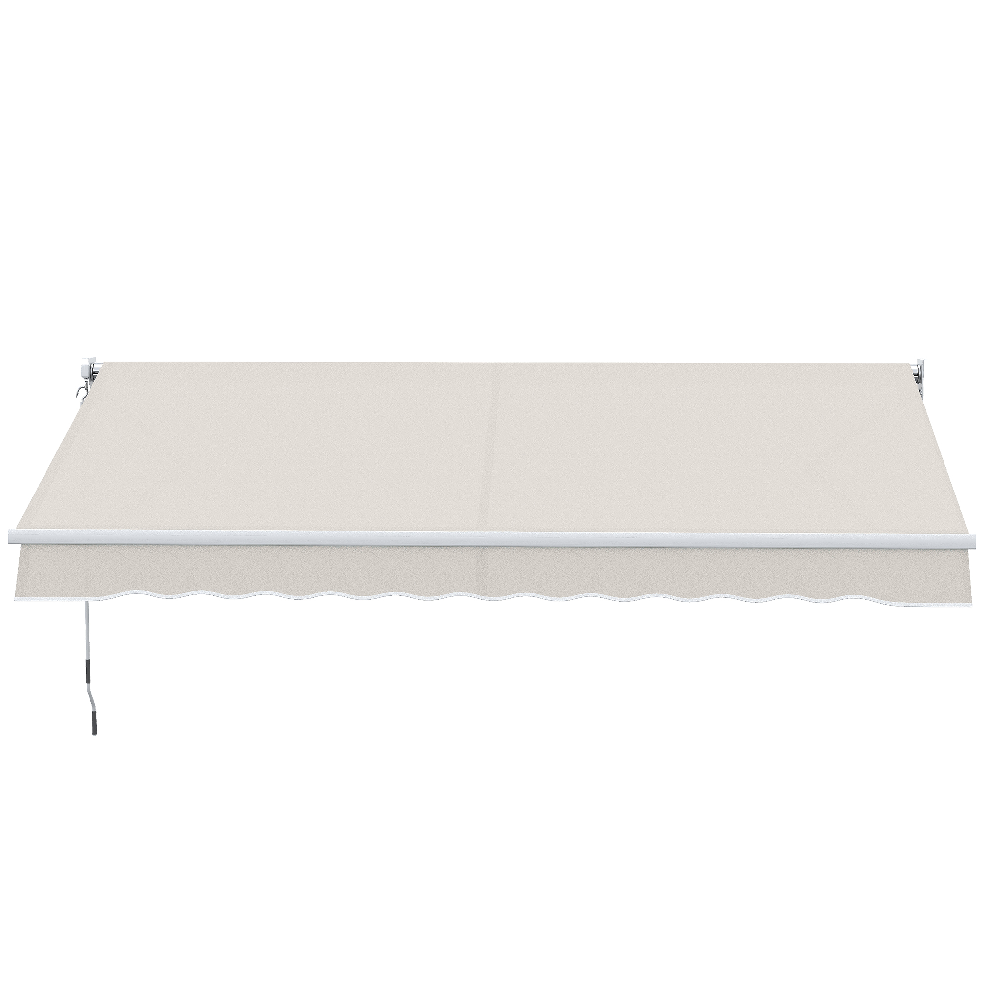 Un toldo beige, extendido, con borde inferior ondulado, ribete blanco y brazos de soporte metálicos, sobre fondo blanco.