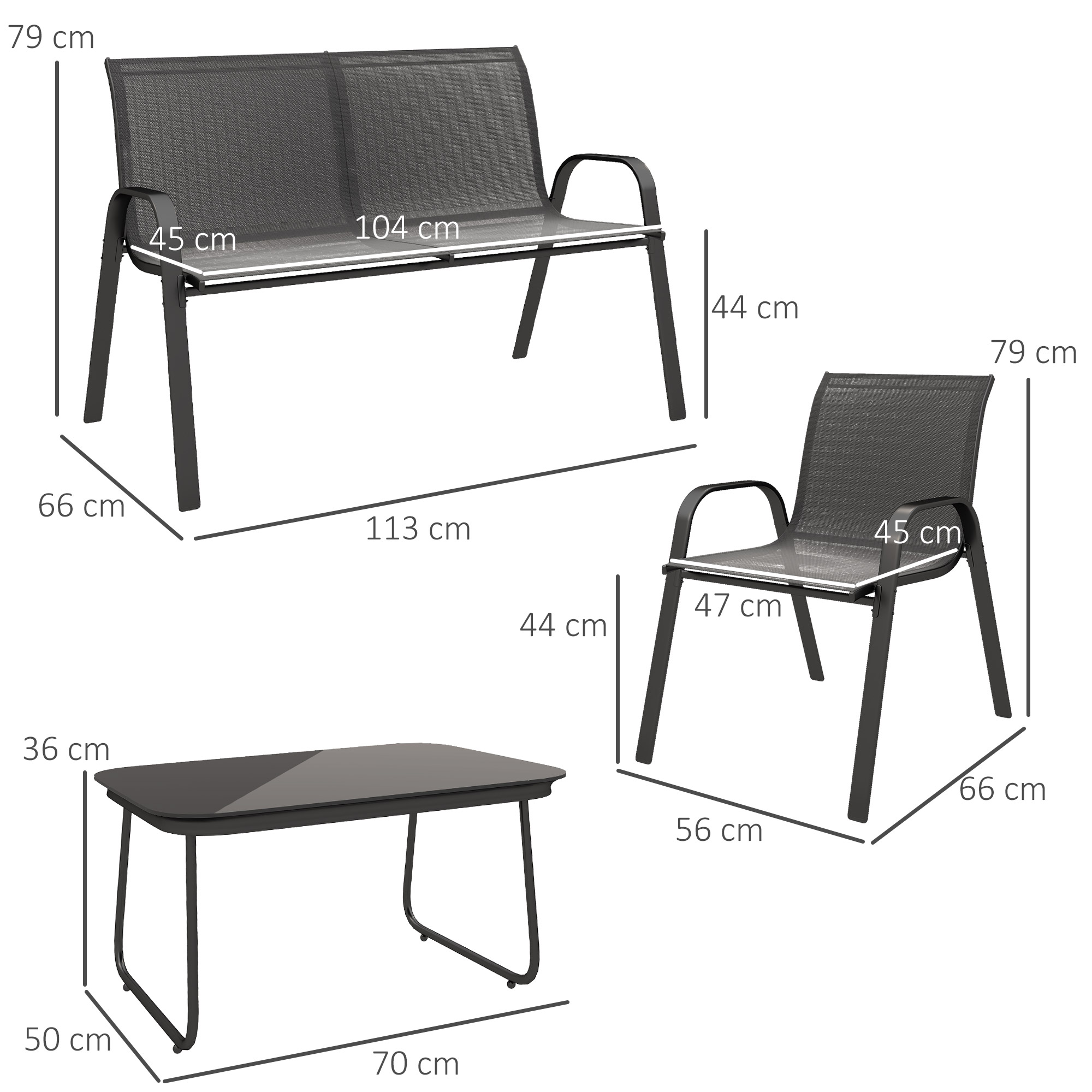 Juego de muebles de exterior con dimensiones: banco, silla y mesa. Presenta asientos gris oscuro y marcos negros. Incluye medidas.