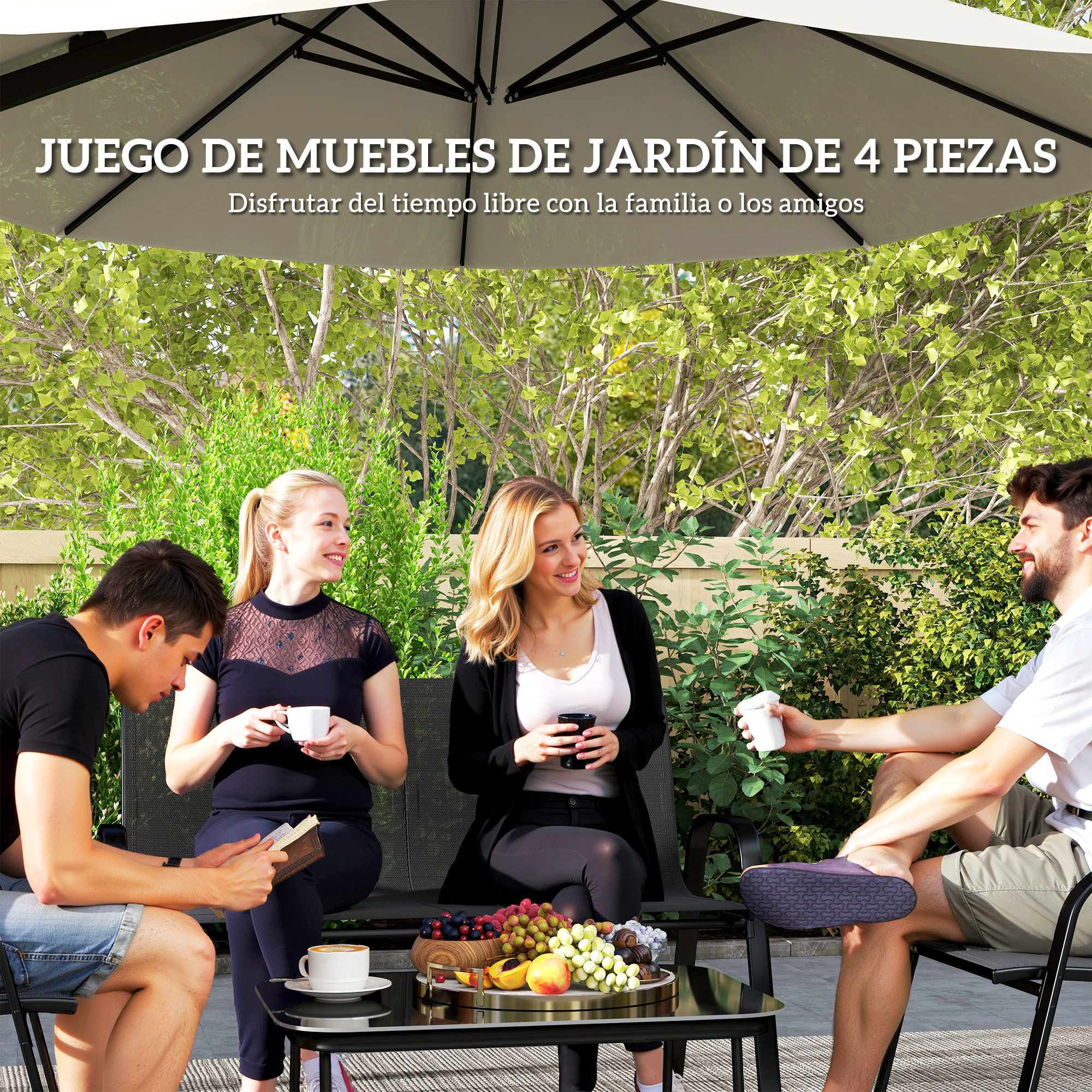 Grupo de amigos disfrutando bebidas y aperitivos al aire libre. Un juego de patio con sombrilla, mesa y asientos.