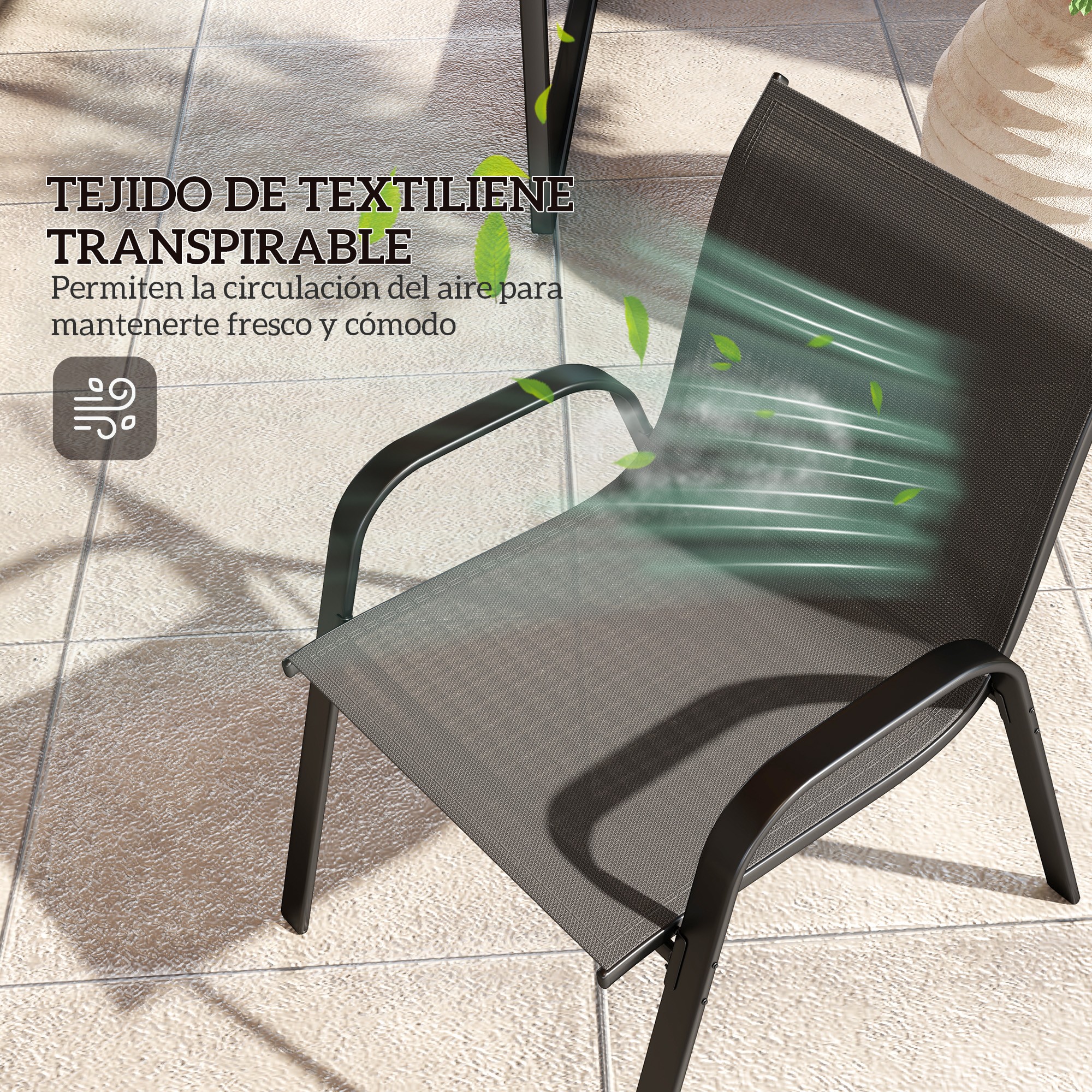 Una silla gris con marco negro sobre una superficie embaldosada. Líneas de flujo de aire y hojas muestran transpirabilidad.